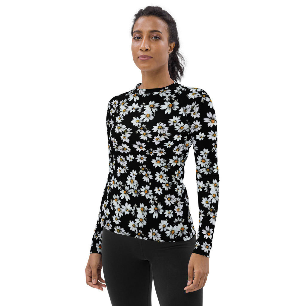 Women's Black Daisy Long Sleeve Rash Guard Swim Shirt – Buttery Soft, Sun Safe UPF 50+ Protection, Quick Dry & 4-Way Stretch Comfort