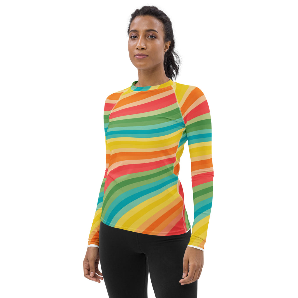 Women's Retro Rainbow Wave Long Sleeve Rash Guard Swim Shirt – Buttery Soft, Sun Safe UPF 50+ Protection, Quick Dry & 4-Way Stretch Comfort