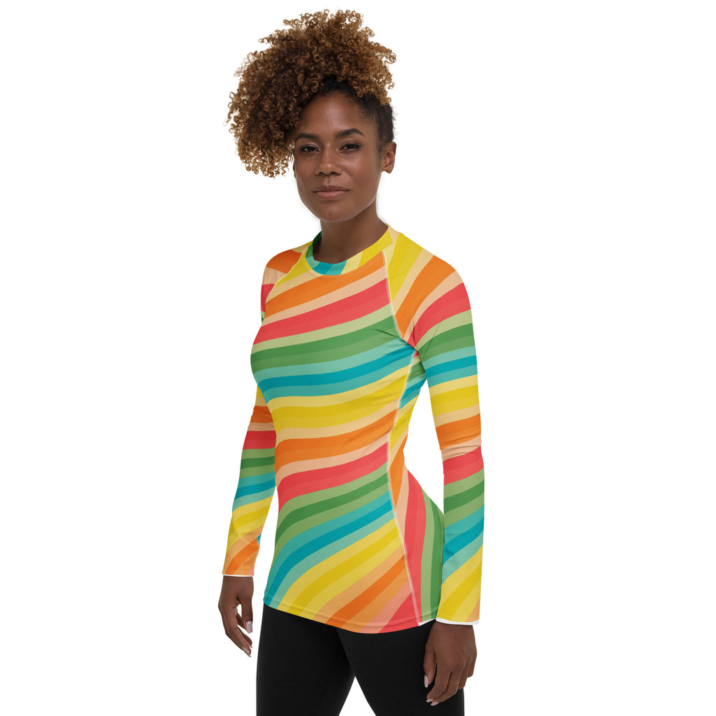 Women's Retro Rainbow Wave Long Sleeve Rash Guard Swim Shirt – Buttery Soft, Sun Safe UPF 50+ Protection, Quick Dry & 4-Way Stretch Comfort
