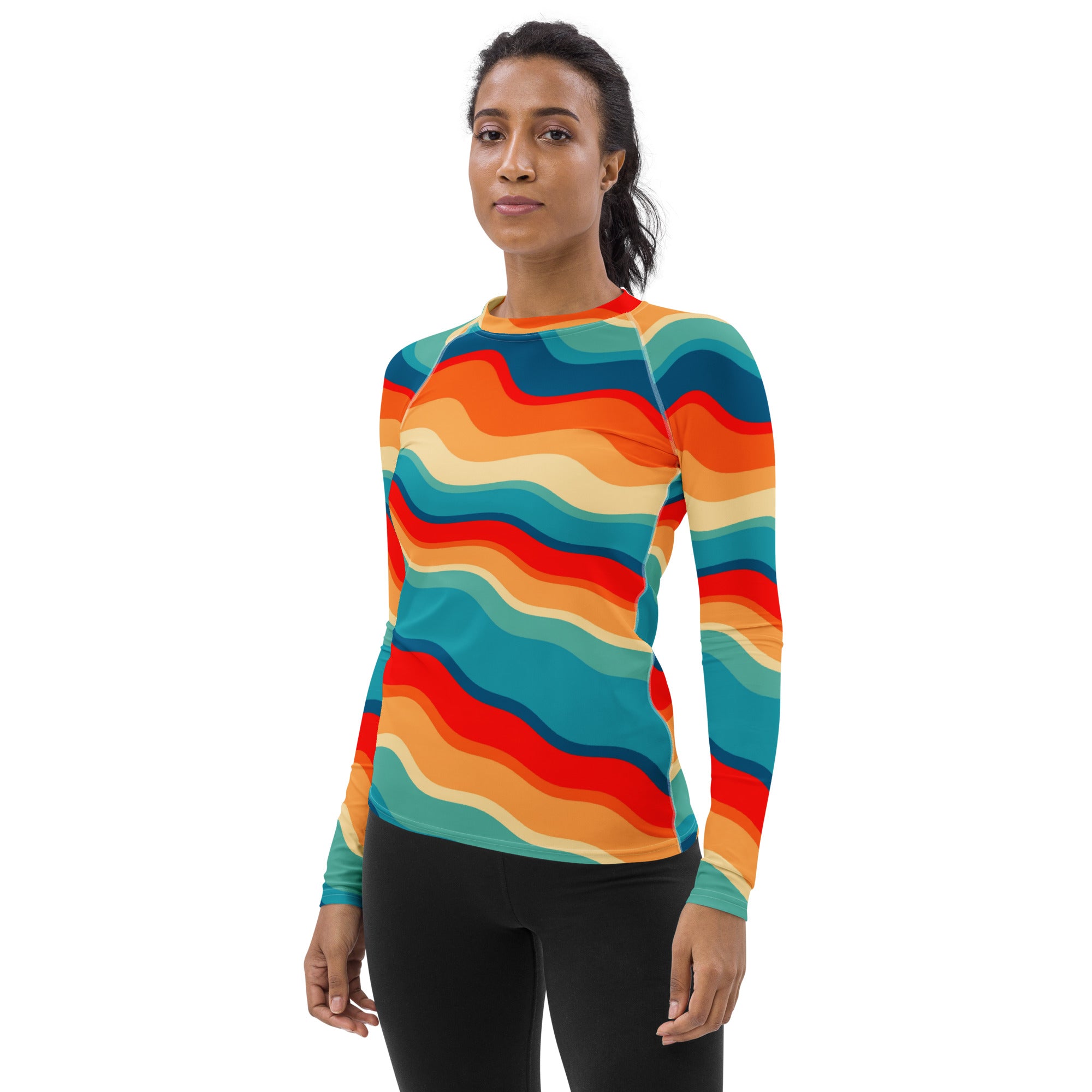 Women's Retro Wavy Stripe Long Sleeve Rash Guard Swim Shirt – Buttery Soft, Sun Safe UPF 50+ Protection, Quick Dry & 4-Way Stretch Comfort