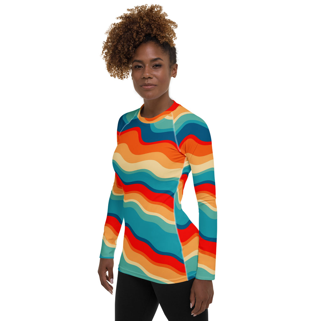 Women's Retro Wavy Stripe Long Sleeve Rash Guard Swim Shirt – Buttery Soft, Sun Safe UPF 50+ Protection, Quick Dry & 4-Way Stretch Comfort