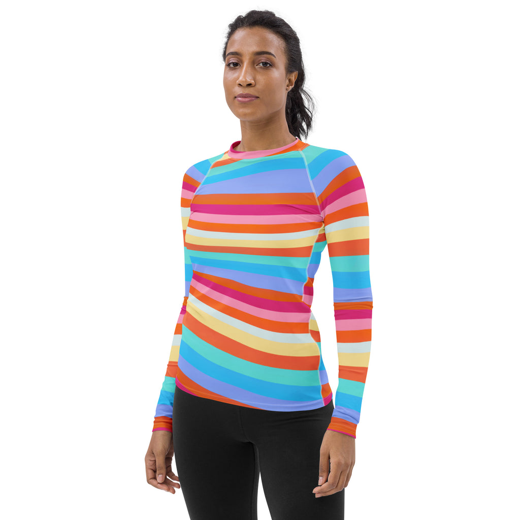 Women's Colorful Wavy Sand Stripe Long Sleeve Rash Guard Swim Shirt – Buttery Soft, Sun Safe UPF 50+ Protection, Quick Dry & 4-Way Stretch Comfort