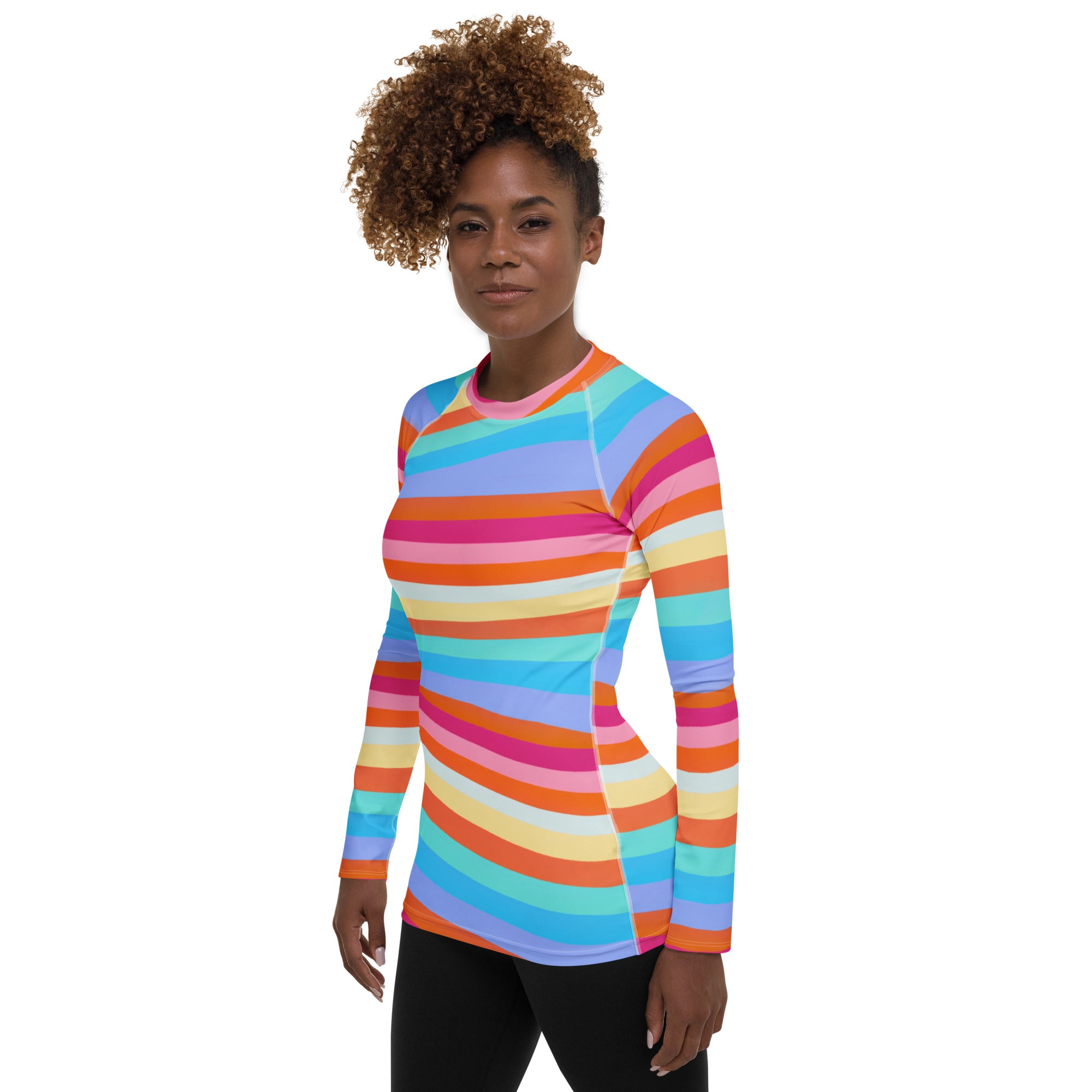 Women's Colorful Wavy Sand Stripe Long Sleeve Rash Guard Swim Shirt – Buttery Soft, Sun Safe UPF 50+ Protection, Quick Dry & 4-Way Stretch Comfort