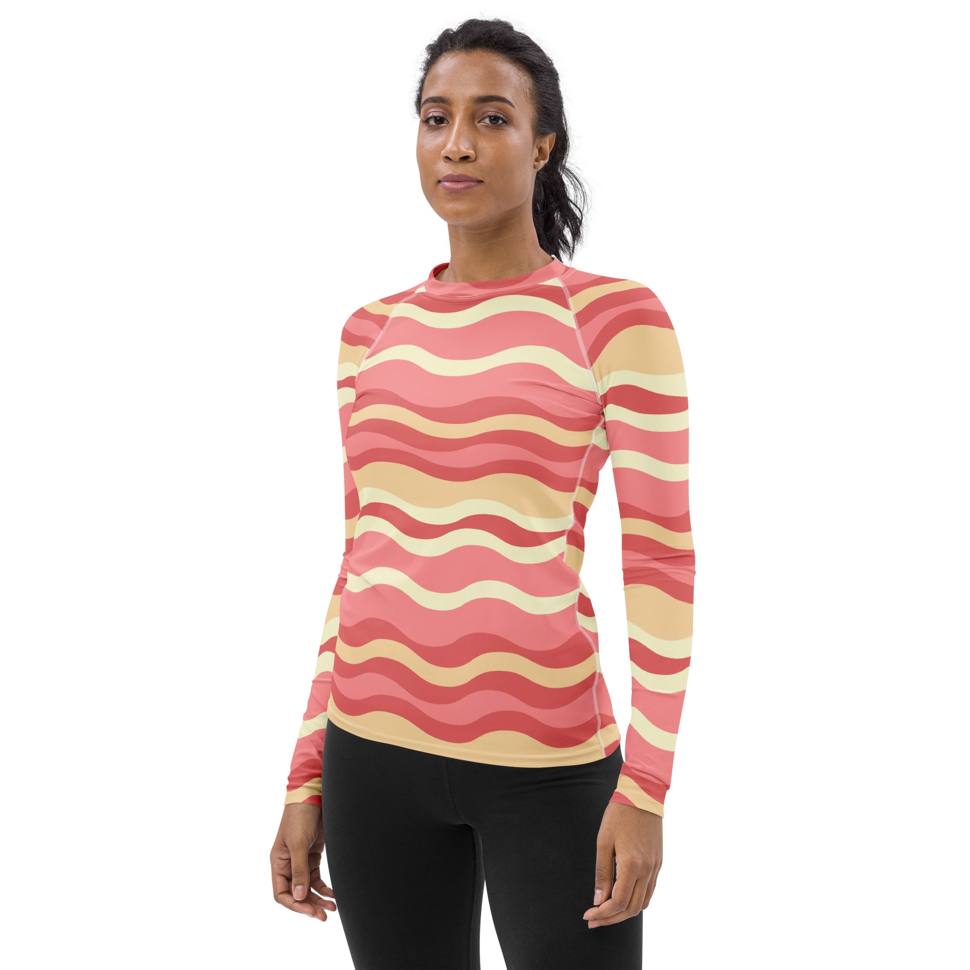 Women's Pink Wavy Stripe Long Sleeve Rash Guard Swim Shirt – Buttery Soft, Sun Safe UPF 50+ Protection, Quick Dry & 4-Way Stretch Comfort
