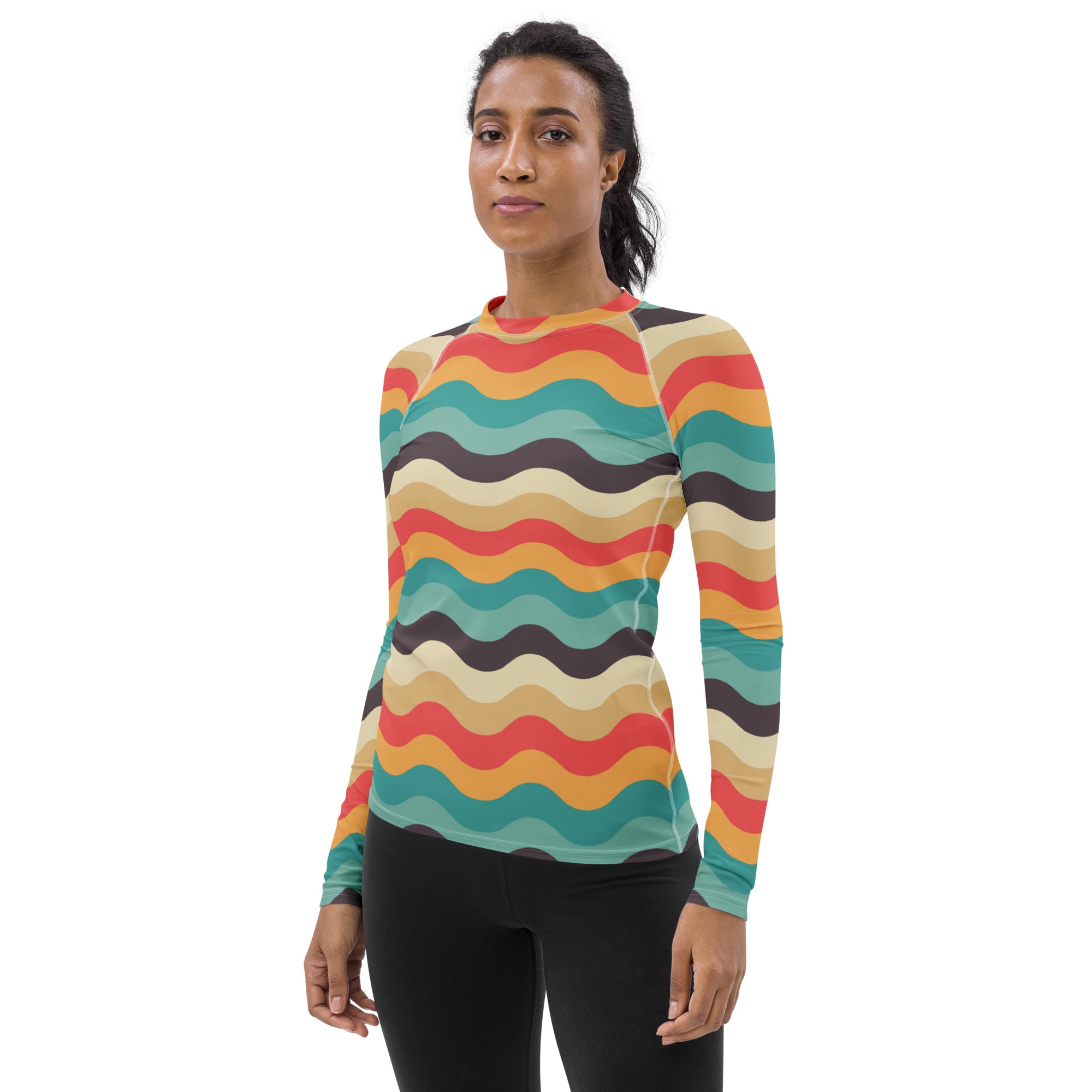 Women's Teal Coral Orange Wavy Stripe Long Sleeve Rash Guard Swim Shirt – Buttery Soft, Sun Safe UPF 50+ Protection, Quick Dry & 4-Way Stretch Comfort
