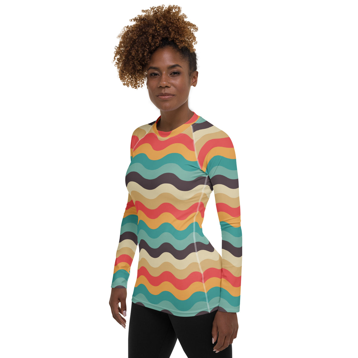 Women's Teal Coral Orange Wavy Stripe Long Sleeve Rash Guard Swim Shirt – Buttery Soft, Sun Safe UPF 50+ Protection, Quick Dry & 4-Way Stretch Comfort