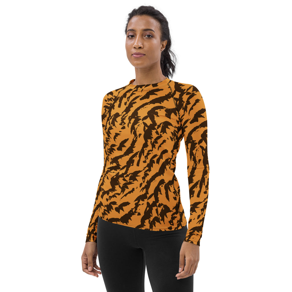 Women's Orange Tiger Print Long Sleeve Rash Guard Swim Shirt – Buttery Soft, Sun Safe UPF 50+ Protection, Quick Dry & 4-Way Stretch Comfort