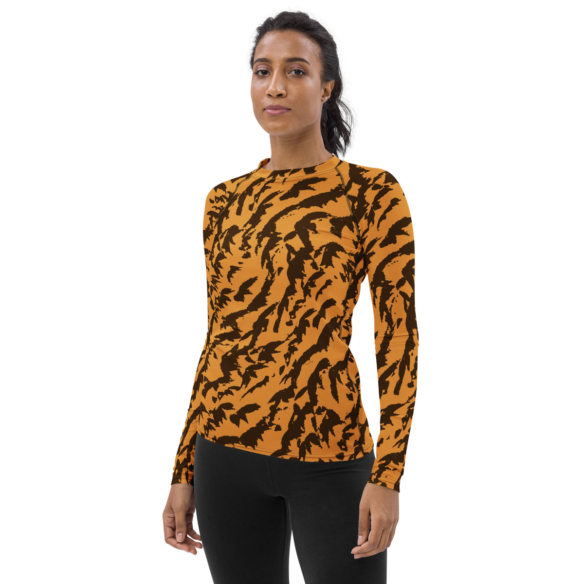 Women's Orange Tiger Print Long Sleeve Rash Guard Swim Shirt – Buttery Soft, Sun Safe UPF 50+ Protection, Quick Dry & 4-Way Stretch Comfort