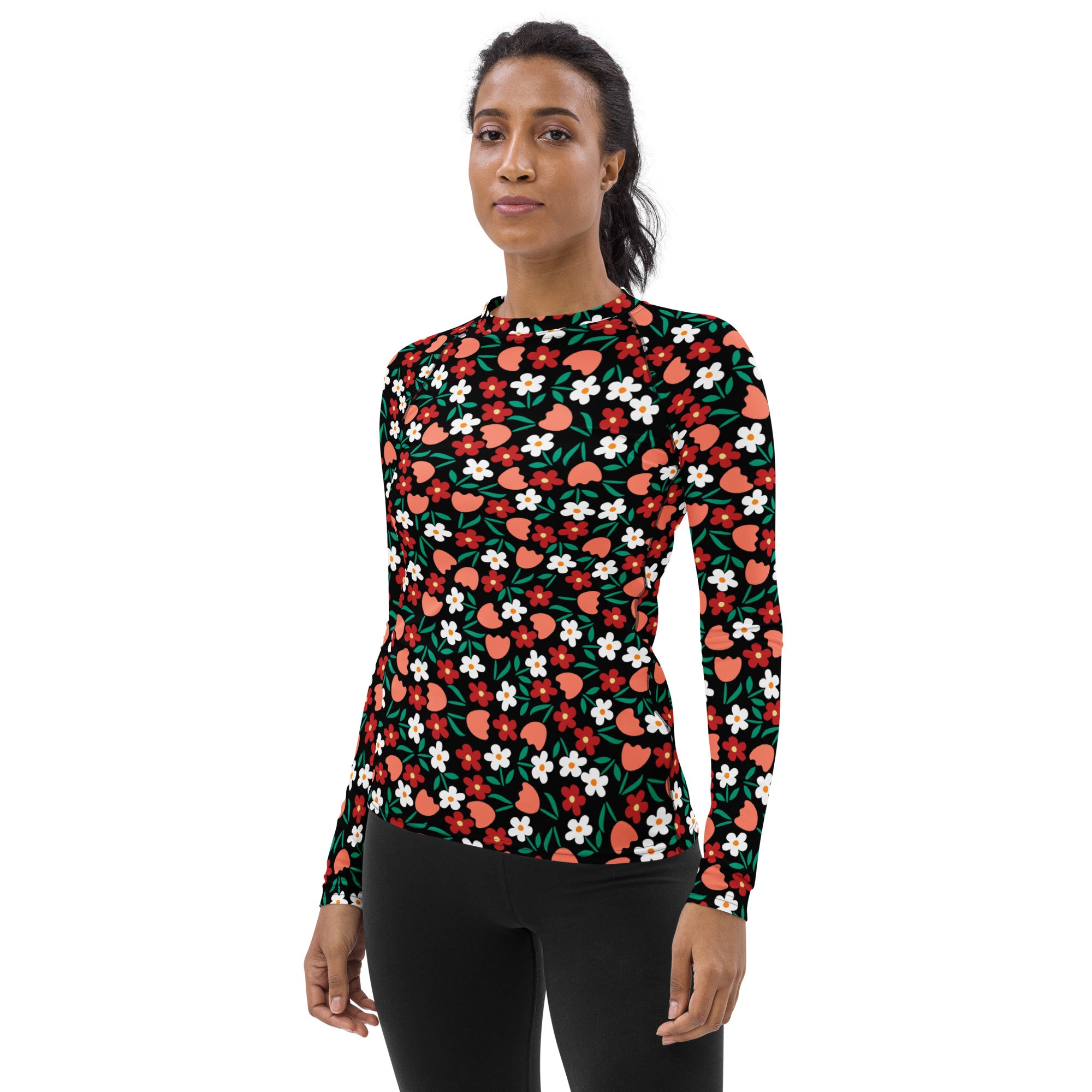 Women's Red Coral & White Flower Long Sleeve Rash Guard Swim Shirt – Buttery Soft, Sun Safe UPF 50+ Protection, Quick Dry & 4-Way Stretch Comfort