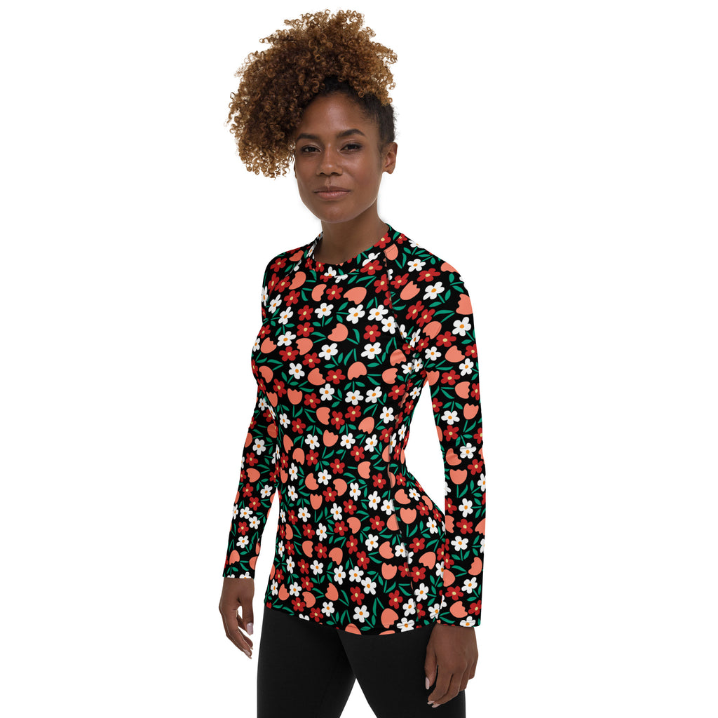 Women's Red Coral & White Flower Long Sleeve Rash Guard Swim Shirt – Buttery Soft, Sun Safe UPF 50+ Protection, Quick Dry & 4-Way Stretch Comfort