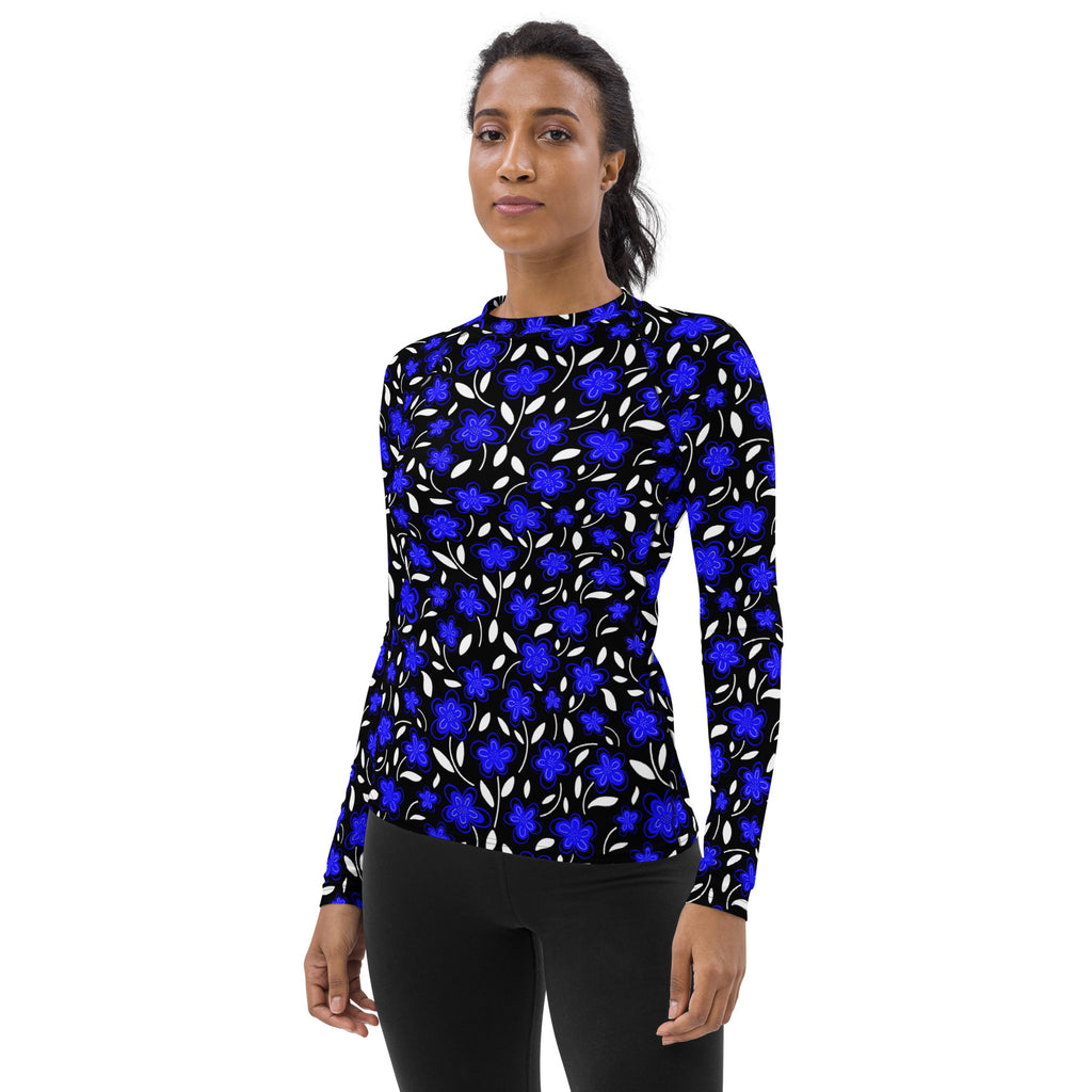Women's Blue Floral Long Sleeve Rash Guard Swim Shirt – Buttery Soft, Sun Safe UPF 50+ Protection, Quick Dry & 4-Way Stretch Comfort