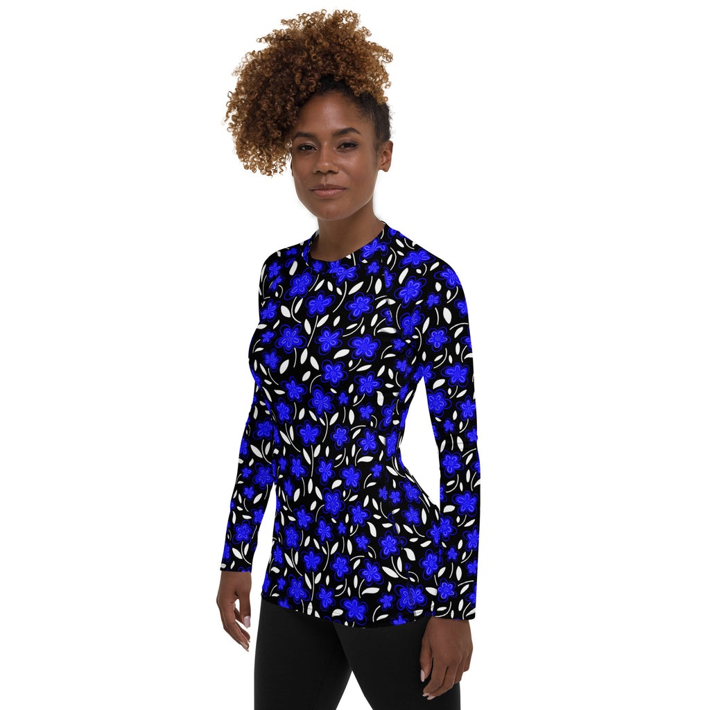 Women's Blue Floral Long Sleeve Rash Guard Swim Shirt – Buttery Soft, Sun Safe UPF 50+ Protection, Quick Dry & 4-Way Stretch Comfort