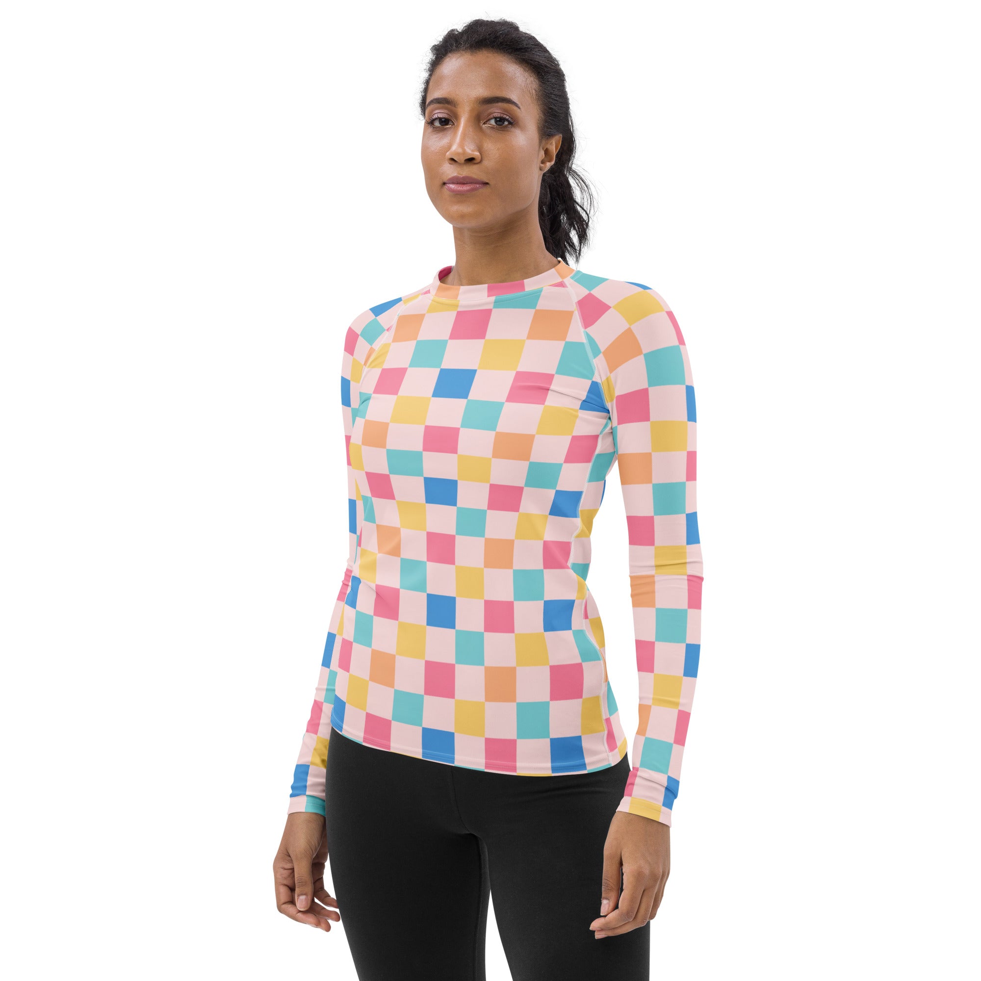 Women's Colorful Pastel Pink Checkerboard Long Sleeve Rash Guard Swim Shirt – Buttery Soft, Sun Safe UPF 50+ Protection, Quick Dry & 4-Way Stretch Comfort