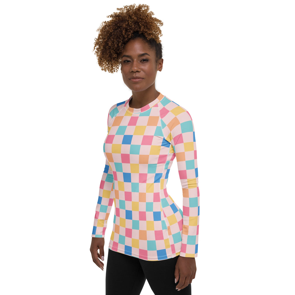 Women's Colorful Pastel Pink Checkerboard Long Sleeve Rash Guard Swim Shirt – Buttery Soft, Sun Safe UPF 50+ Protection, Quick Dry & 4-Way Stretch Comfort
