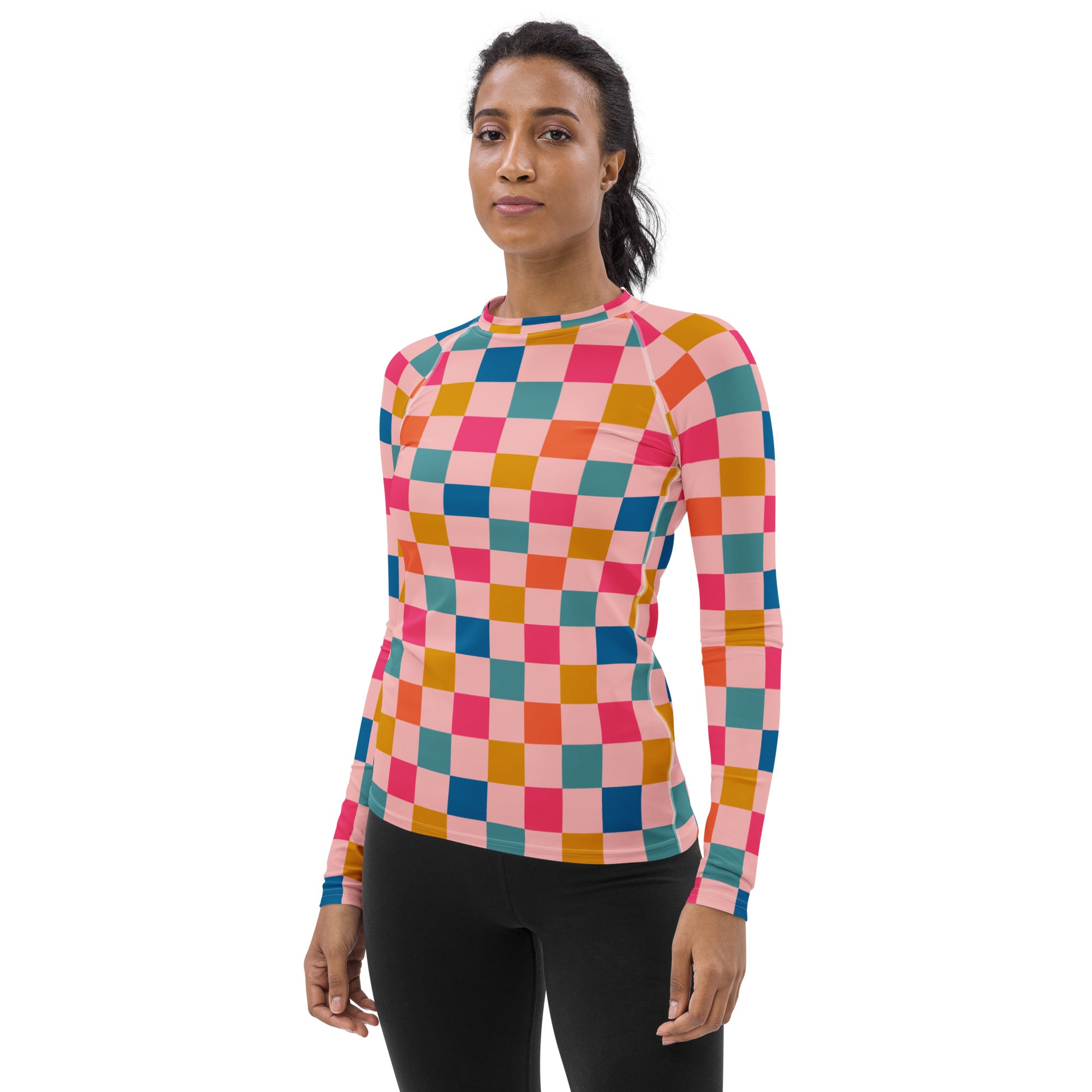 Women's Colorful Pink Checkerboard Long Sleeve Rash Guard Swim Shirt – Buttery Soft, Sun Safe UPF 50+ Protection, Quick Dry & 4-Way Stretch Comfort