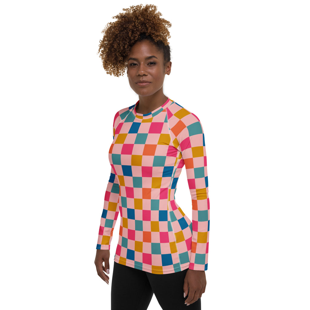 Women's Colorful Pink Checkerboard Long Sleeve Rash Guard Swim Shirt – Buttery Soft, Sun Safe UPF 50+ Protection, Quick Dry & 4-Way Stretch Comfort