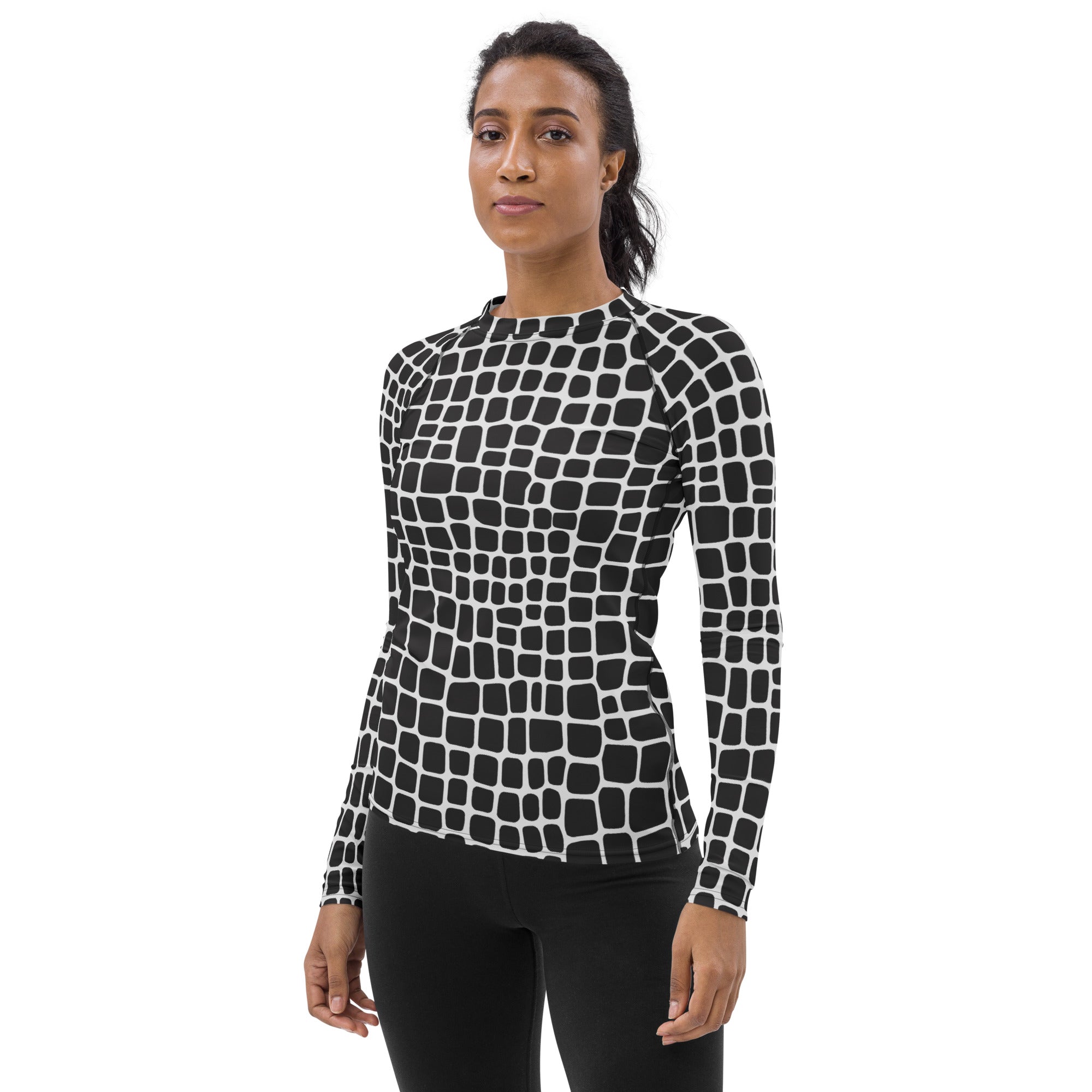 Women's Black & White Animal Print Long Sleeve Rash Guard Swim Shirt – Buttery Soft, Sun Safe UPF 50+ Protection, Quick Dry & 4-Way Stretch Comfort