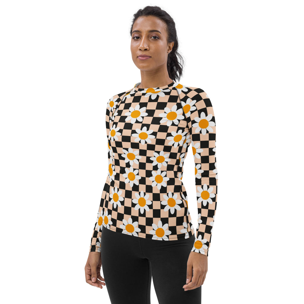 Women's Daisy Checkerboard Long Sleeve Rash Guard Swim Shirt – Buttery Soft, Sun Safe UPF 50+ Protection, Quick Dry & 4-Way Stretch Comfort