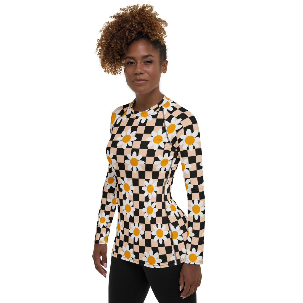 Women's Daisy Checkerboard Long Sleeve Rash Guard Swim Shirt – Buttery Soft, Sun Safe UPF 50+ Protection, Quick Dry & 4-Way Stretch Comfort