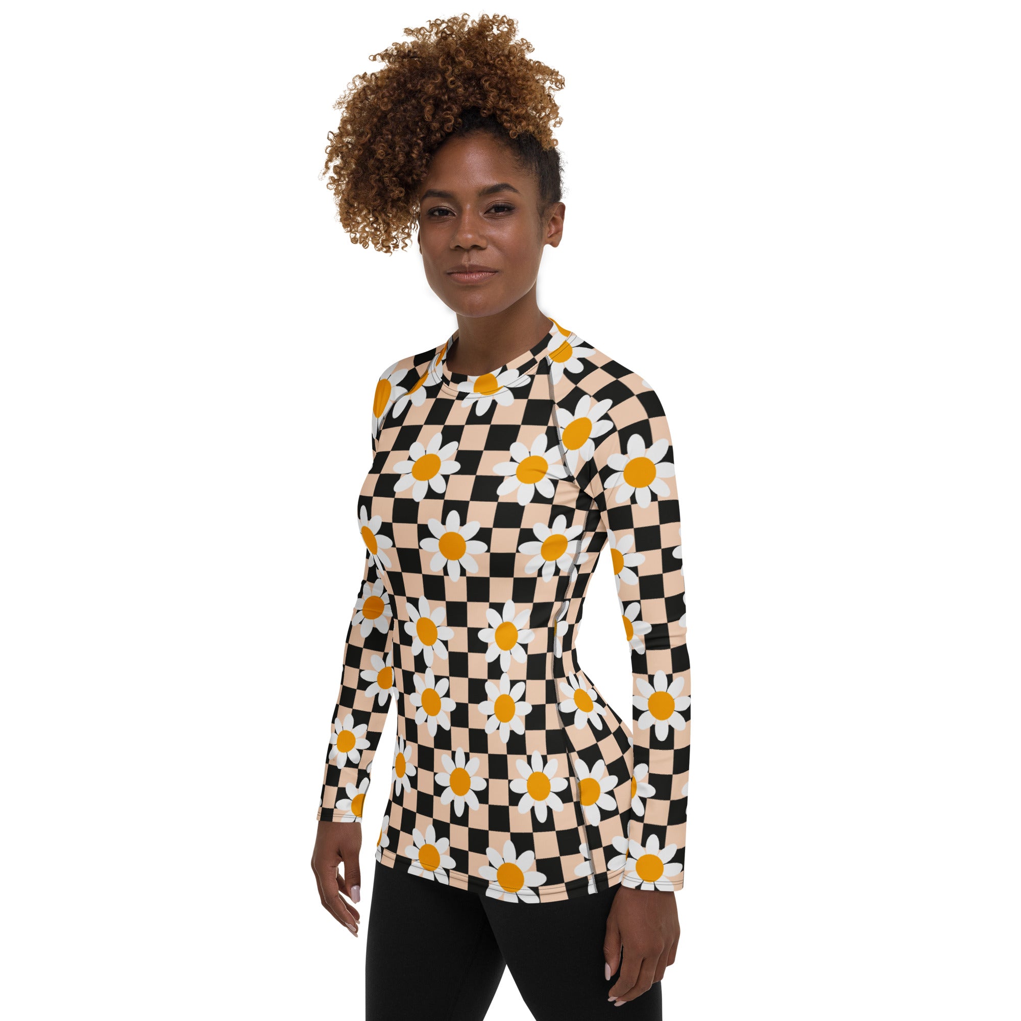 Women's Daisy Checkerboard Long Sleeve Rash Guard Swim Shirt – Buttery Soft, Sun Safe UPF 50+ Protection, Quick Dry & 4-Way Stretch Comfort