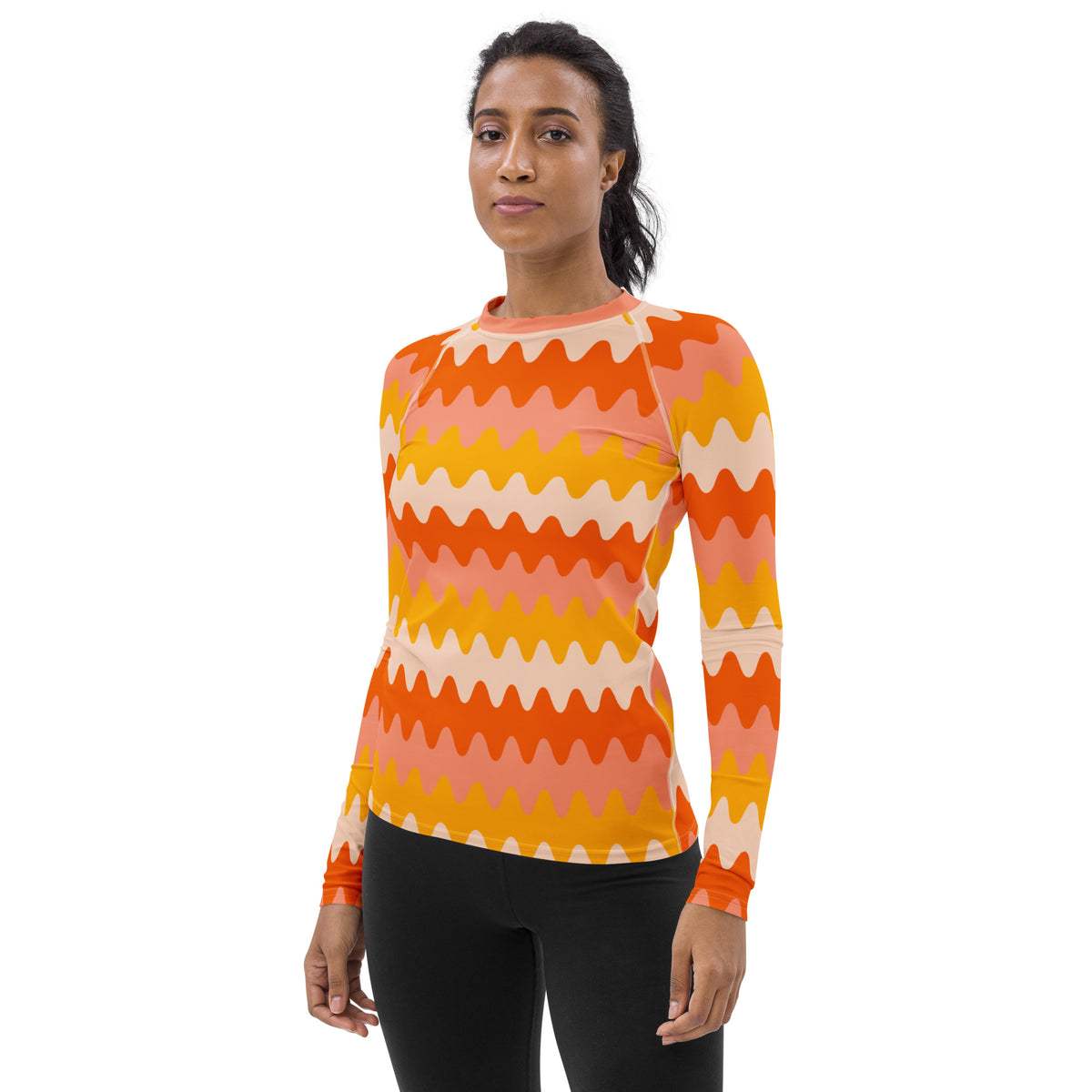 Women's Orange Retro Wavy Stripe Long Sleeve Rash Guard Swim Shirt – Buttery Soft, Sun Safe UPF 50+ Protection, Quick Dry & 4-Way Stretch Comfort