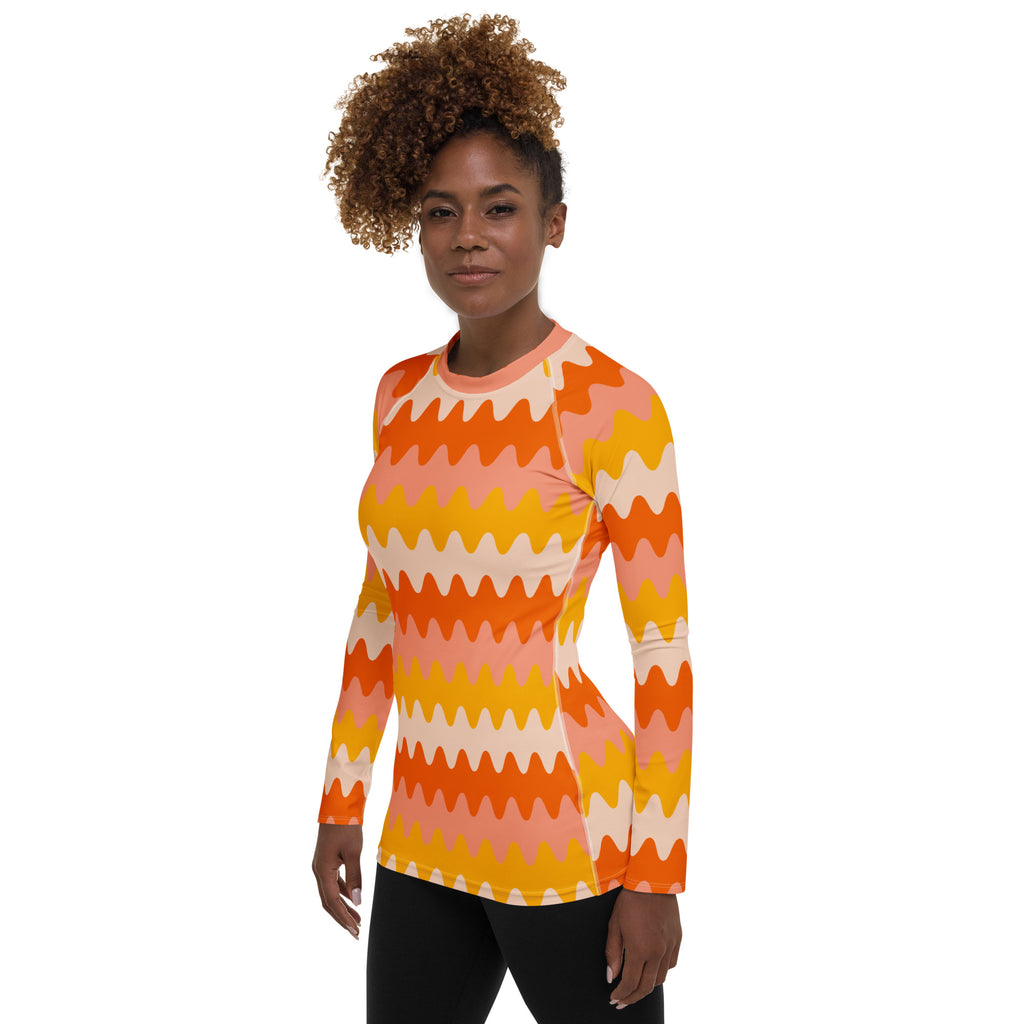 Women's Orange Retro Wavy Stripe Long Sleeve Rash Guard Swim Shirt – Buttery Soft, Sun Safe UPF 50+ Protection, Quick Dry & 4-Way Stretch Comfort