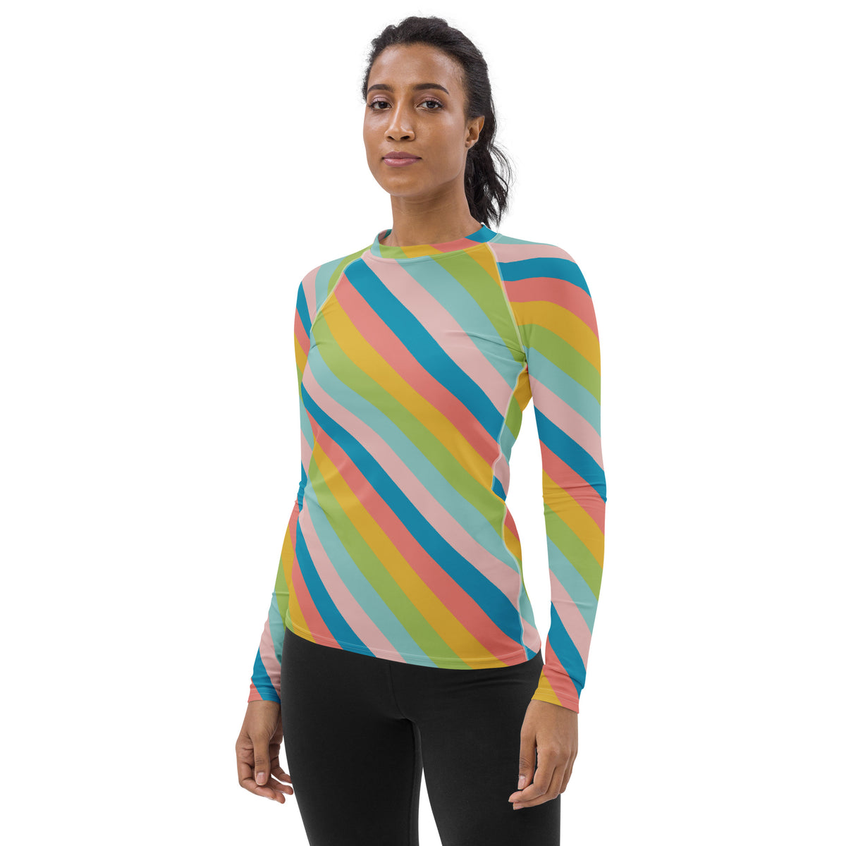 Women's Colorful Diagonal Striped Long Sleeve Rash Guard Swim Shirt – Buttery Soft, Sun Safe UPF 50+ Protection, Quick Dry & 4-Way Stretch Comfort
