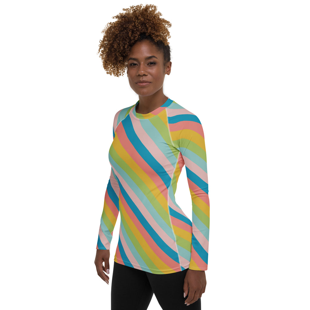 Women's Colorful Diagonal Striped Long Sleeve Rash Guard Swim Shirt – Buttery Soft, Sun Safe UPF 50+ Protection, Quick Dry & 4-Way Stretch Comfort