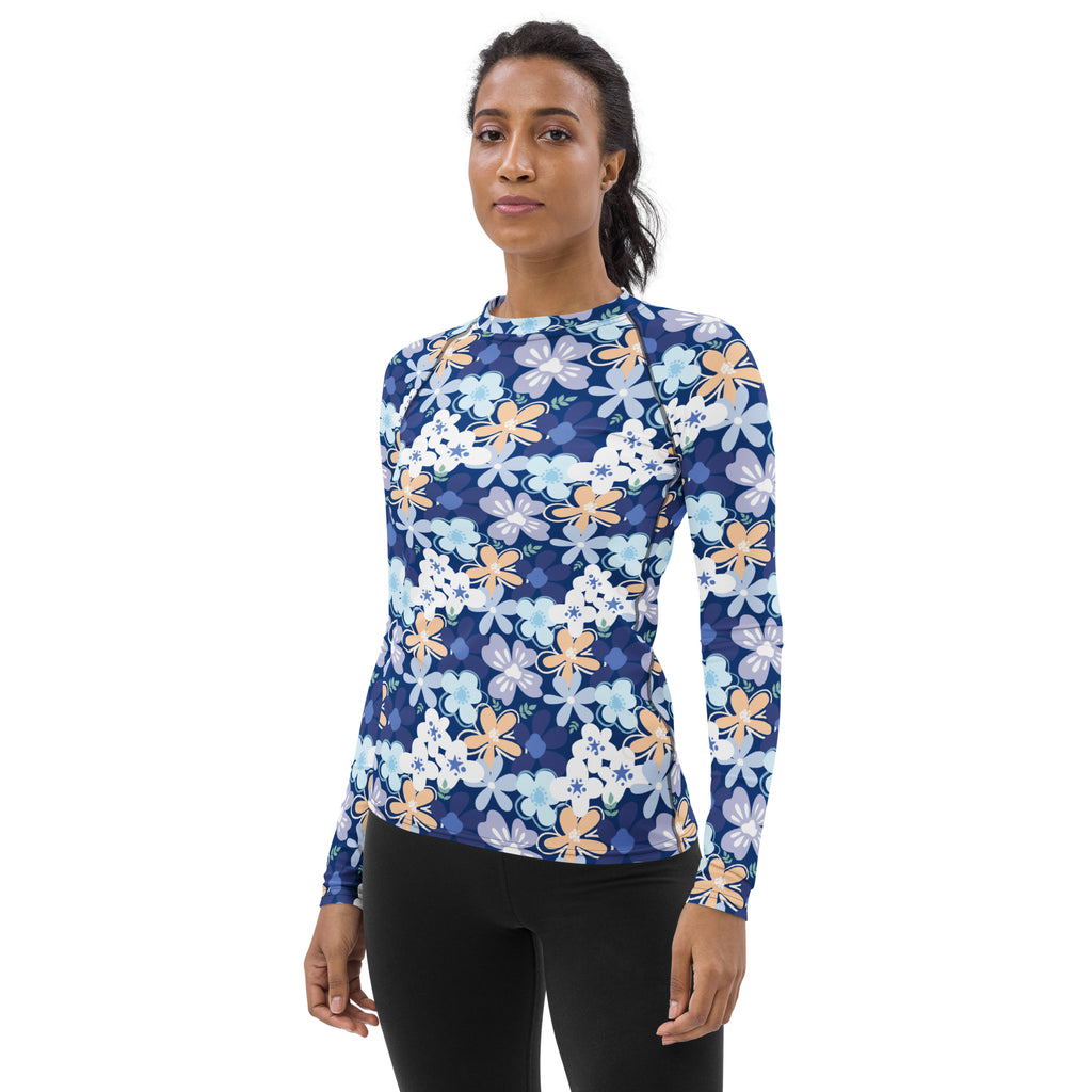 Women's Tropical Blue Floral Long Sleeve Rash Guard Swim Shirt – Buttery Soft, Sun Safe UPF 50+ Protection, Quick Dry & 4-Way Stretch Comfort