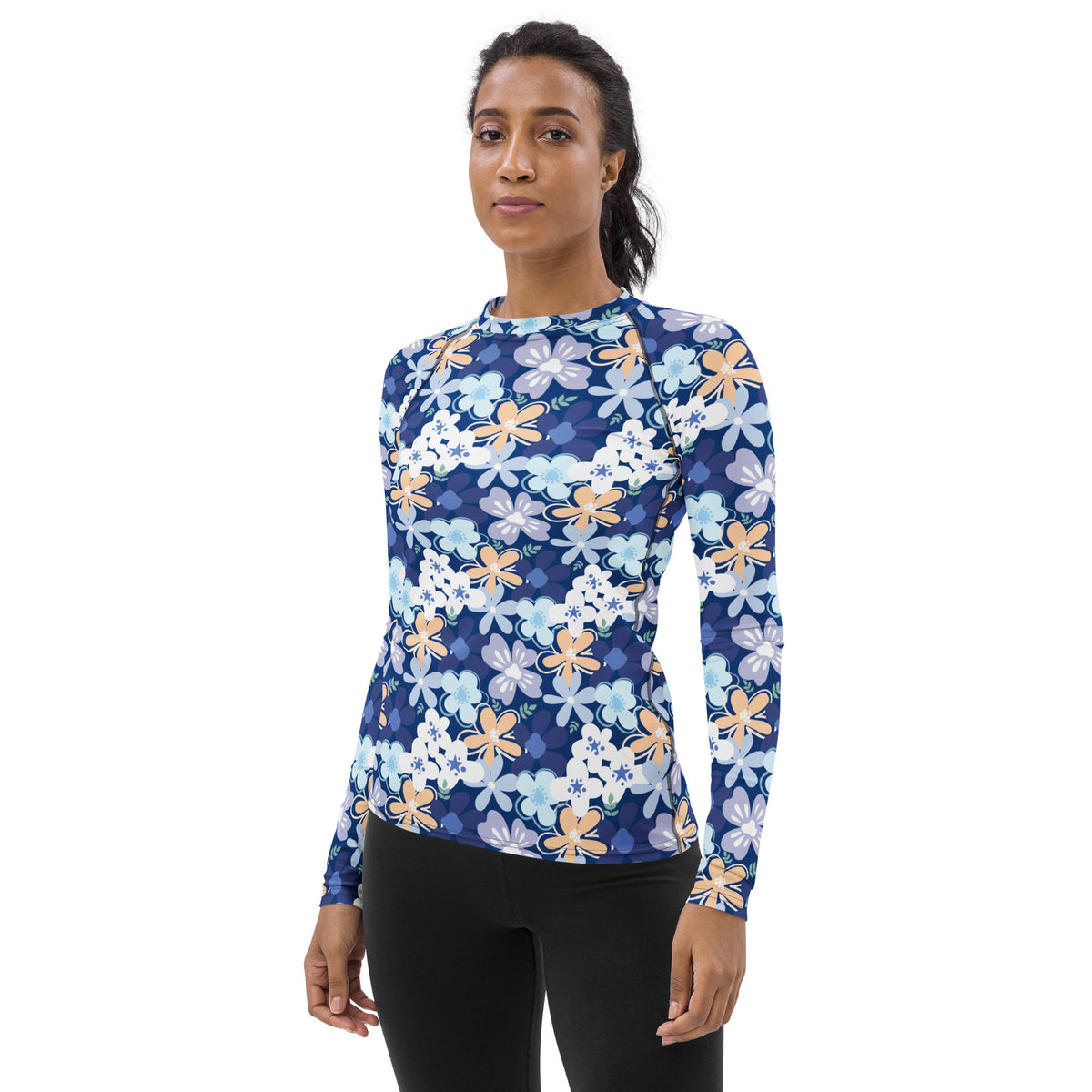 Women's Tropical Blue Floral Long Sleeve Rash Guard Swim Shirt – Buttery Soft, Sun Safe UPF 50+ Protection, Quick Dry & 4-Way Stretch Comfort