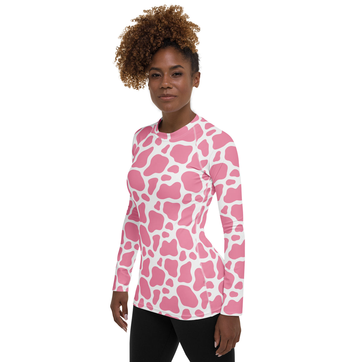 Women's Pink Cow Print Long Sleeve Rash Guard Swim Shirt – Buttery Soft, Sun Safe UPF 50+ Protection, Quick Dry & 4-Way Stretch Comfort