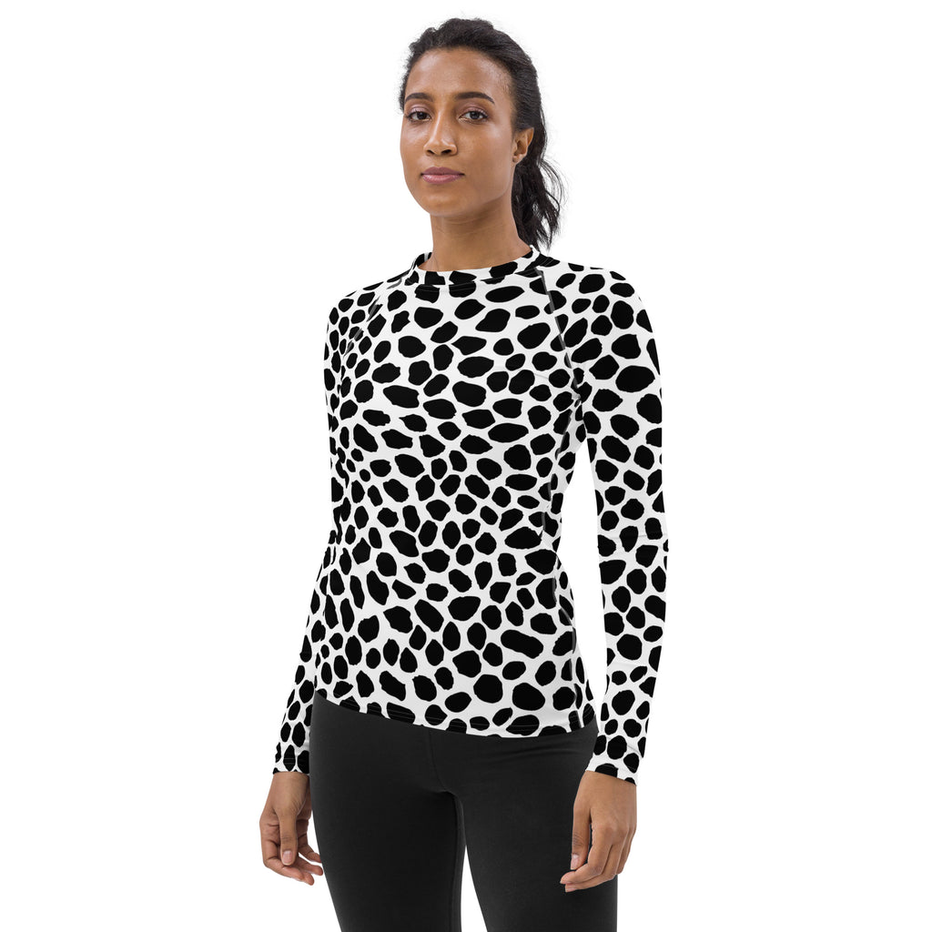 Women's Black & White Spotted Animal Print Long Sleeve Rash Guard Swim Shirt – Buttery Soft, Sun Safe UPF 50+ Protection, Quick Dry & 4-Way Stretch Comfort