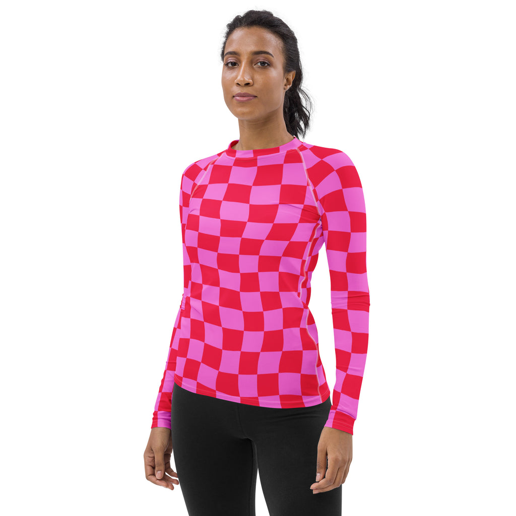 Women's Neon Wavy Pink Checkerboard Long Sleeve Rash Guard Swim Shirt – Buttery Soft, Sun Safe UPF 50+ Protection, Quick Dry & 4-Way Stretch Comfort