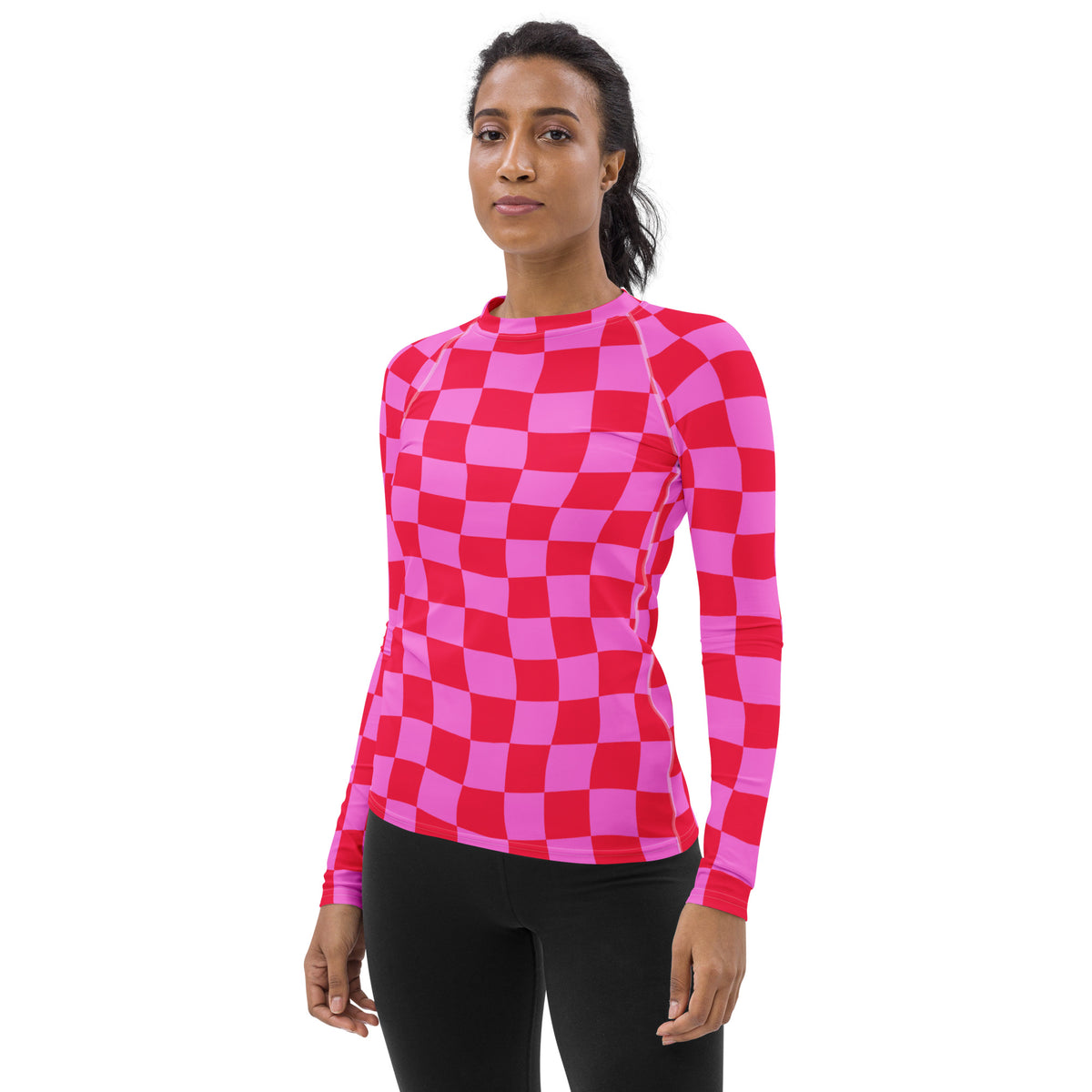 Women's Neon Wavy Pink Checkerboard Long Sleeve Rash Guard Swim Shirt – Buttery Soft, Sun Safe UPF 50+ Protection, Quick Dry & 4-Way Stretch Comfort