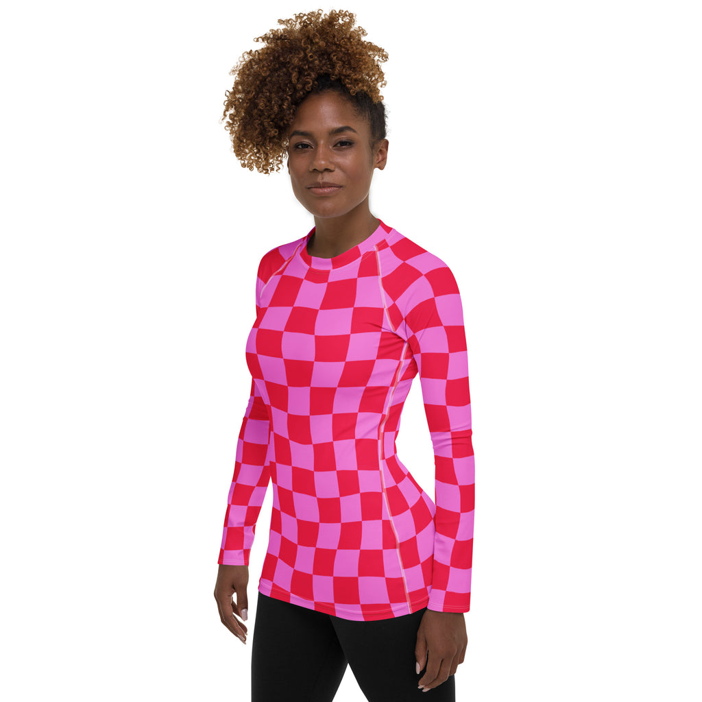 Women's Neon Wavy Pink Checkerboard Long Sleeve Rash Guard Swim Shirt – Buttery Soft, Sun Safe UPF 50+ Protection, Quick Dry & 4-Way Stretch Comfort