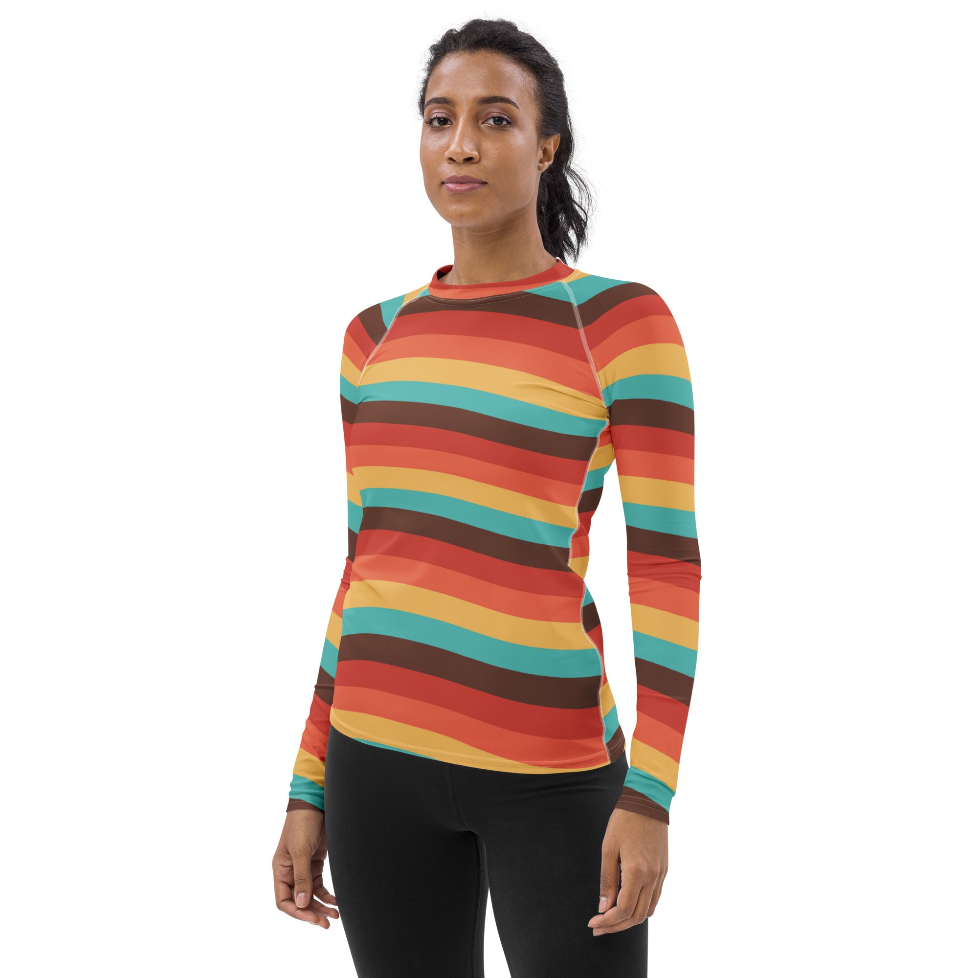 Women's Teal Orange Brown & Yellow Wavy Stripe Long Sleeve Rash Guard Swim Shirt – Buttery Soft, Sun Safe UPF 50+ Protection, Quick Dry & 4-Way Stretch Comfort