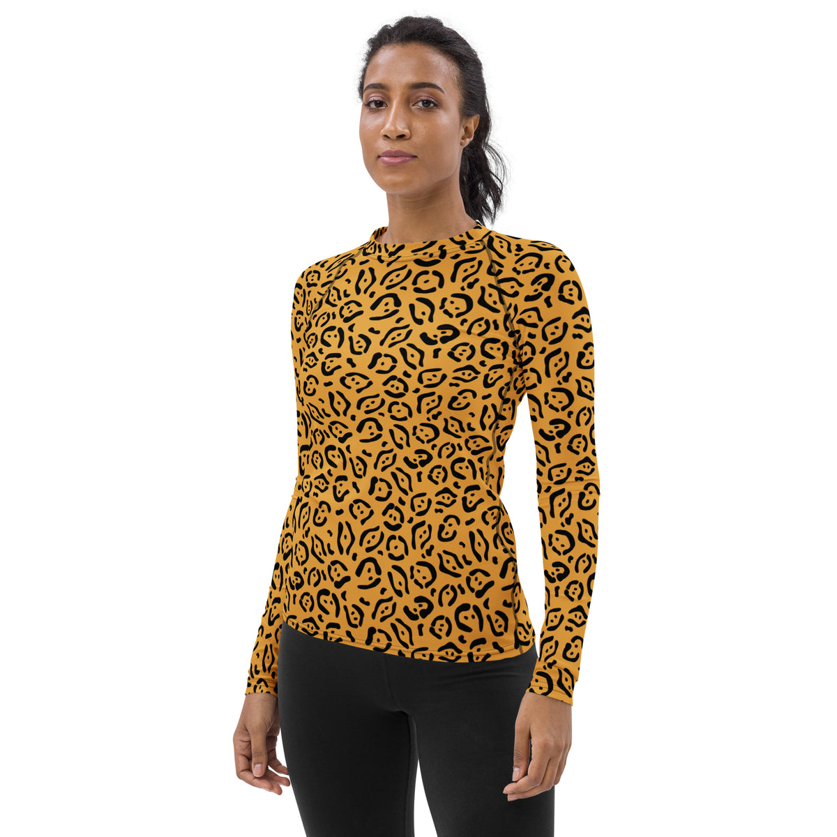 Women's Golden Leopard Print Long Sleeve Rash Guard Swim Shirt – Buttery Soft, Sun Safe UPF 50+ Protection, Quick Dry & 4-Way Stretch Comfort