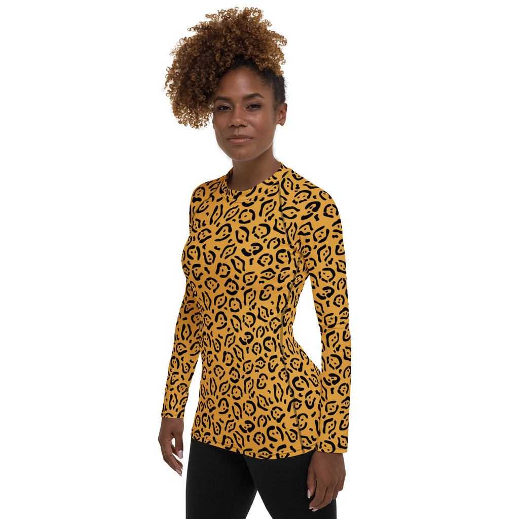 Women's Golden Leopard Print Long Sleeve Rash Guard Swim Shirt – Buttery Soft, Sun Safe UPF 50+ Protection, Quick Dry & 4-Way Stretch Comfort
