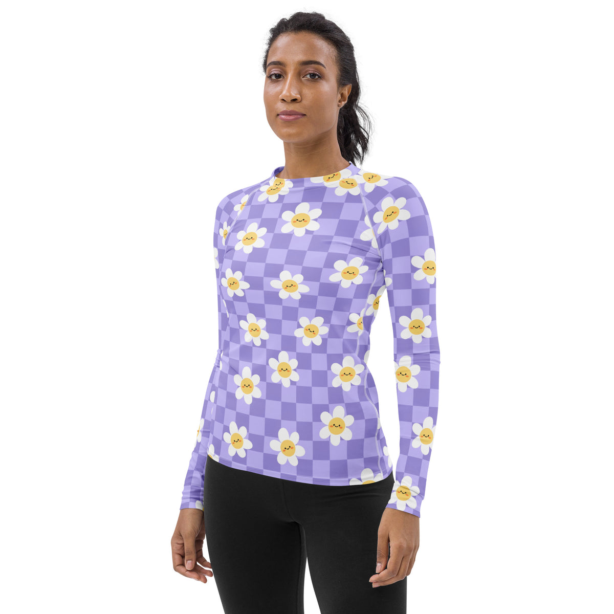 Women's Purple Checkerboard Daisy Long Sleeve Rash Guard Swim Shirt – Buttery Soft, Sun Safe UPF 50+ Protection, Quick Dry & 4-Way Stretch Comfort