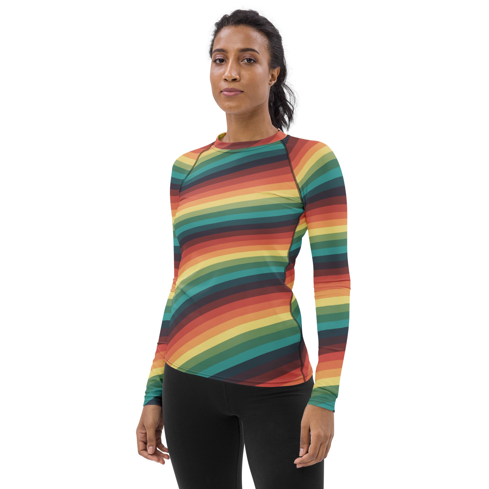 Women's Vintage Rainbow Stripe Long Sleeve Rash Guard Swim Shirt – Buttery Soft, Sun Safe UPF 50+ Protection, Quick Dry & 4-Way Stretch Comfort