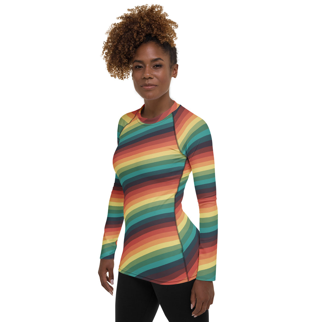 Women's Vintage Rainbow Stripe Long Sleeve Rash Guard Swim Shirt – Buttery Soft, Sun Safe UPF 50+ Protection, Quick Dry & 4-Way Stretch Comfort