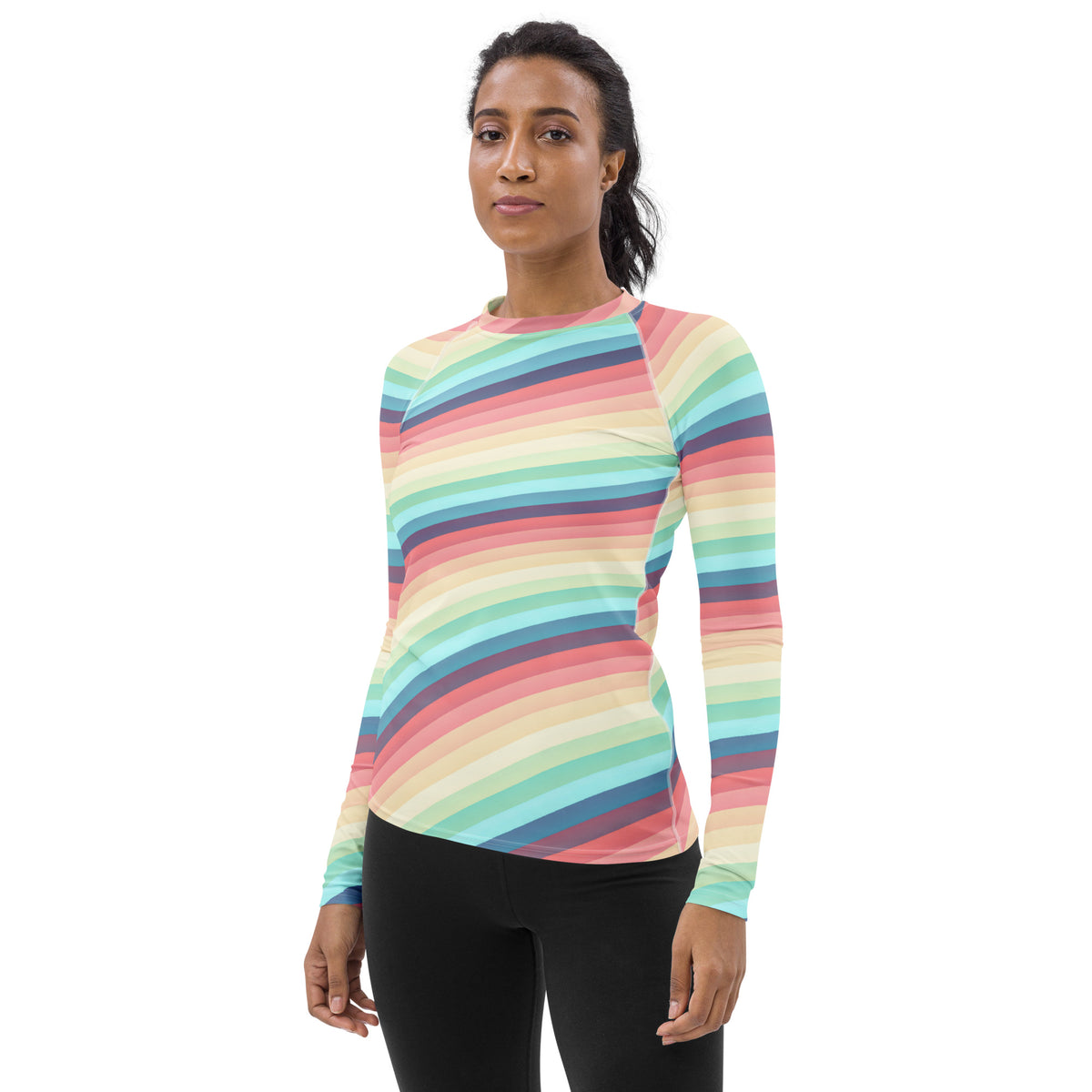 Women's Bright Rainbow Vintage Stripe Long Sleeve Rash Guard Swim Shirt – Buttery Soft, Sun Safe UPF 50+ Protection, Quick Dry & 4-Way Stretch Comfort
