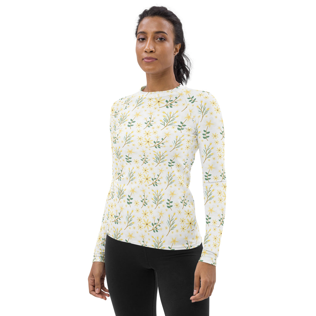 Women's Yellow Wildflower Long Sleeve Rash Guard Swim Shirt – Buttery Soft, Sun Safe UPF 50+ Protection, Quick Dry & 4-Way Stretch Comfort