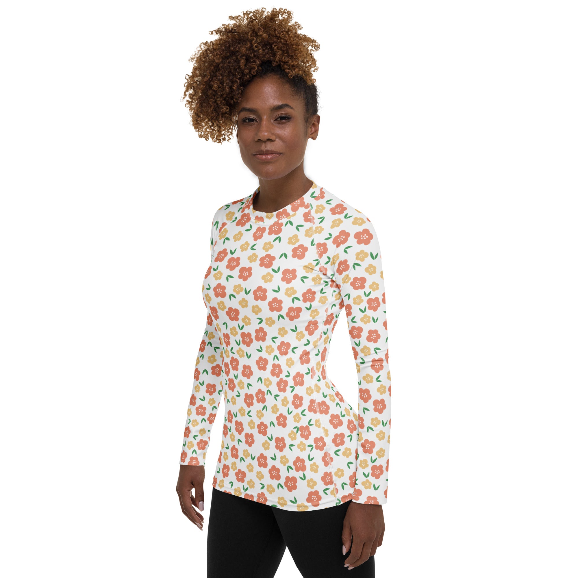 Women's Orange Floral Long Sleeve Rash Guard Swim Shirt – Buttery Soft, Sun Safe UPF 50+ Protection, Quick Dry & 4-Way Stretch Comfort