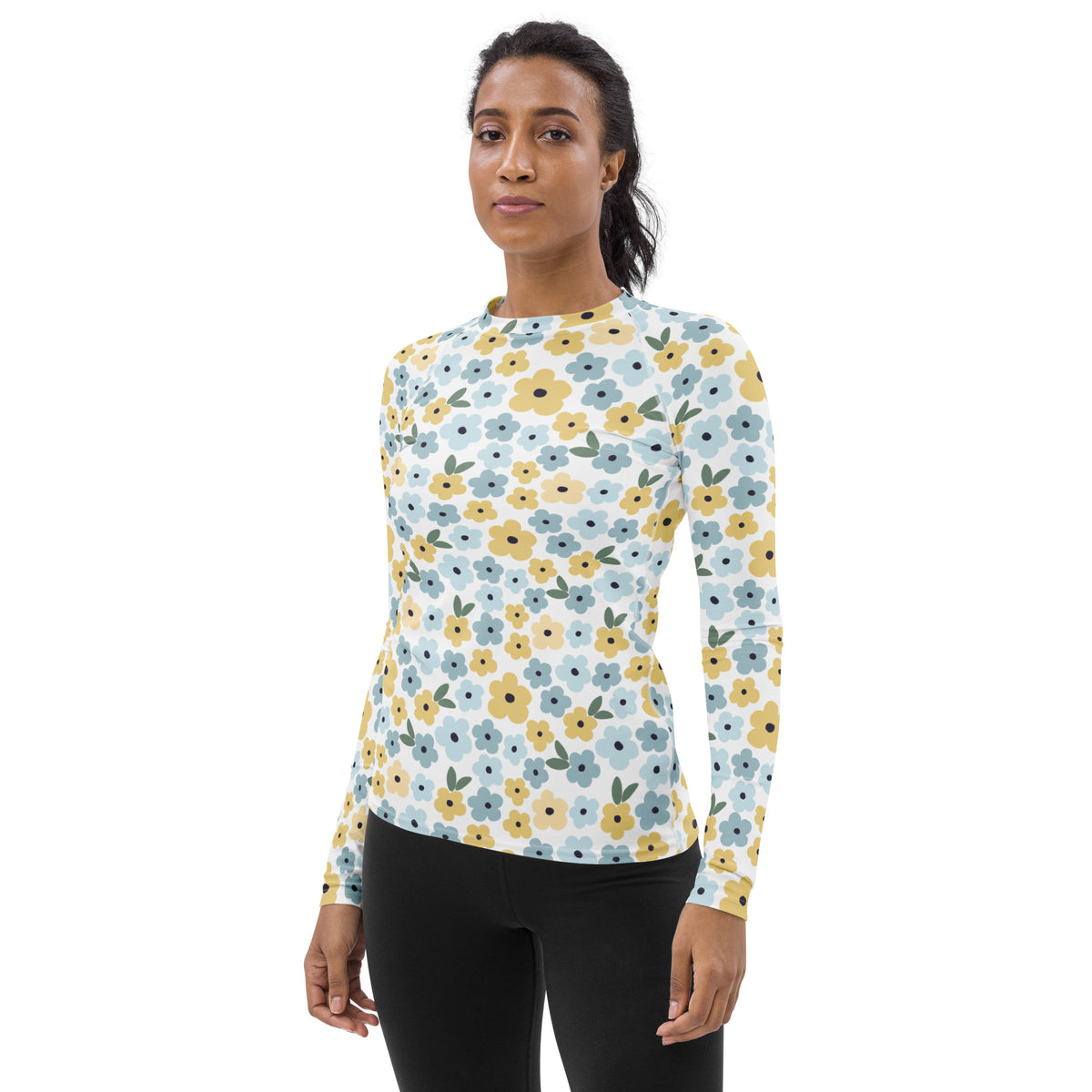 Women's Blue & Yellow Floral Long Sleeve Rash Guard Swim Shirt – Buttery Soft, Sun Safe UPF 50+ Protection, Quick Dry & 4-Way Stretch Comfort
