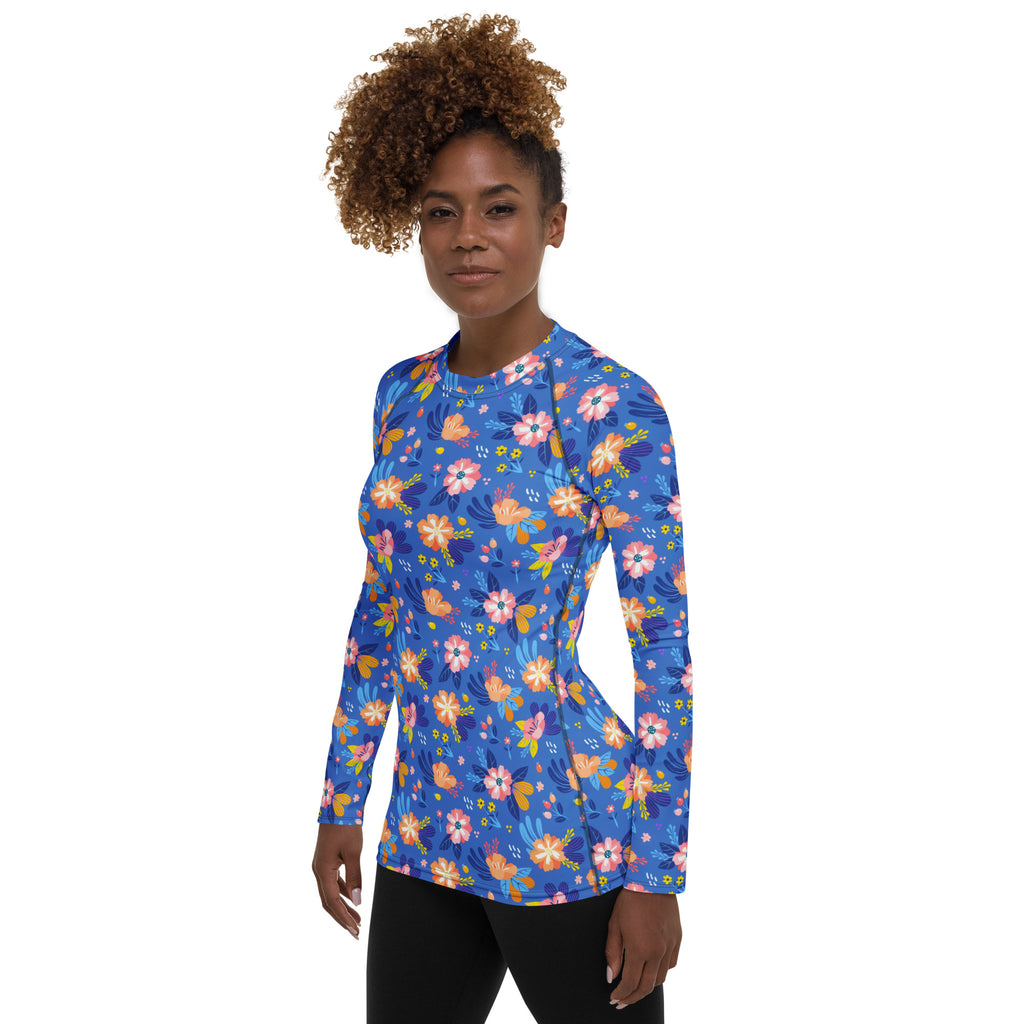 Women's Colorful Blue Floral Long Sleeve Rash Guard Swim Shirt – Buttery Soft, Sun Safe UPF 50+ Protection, Quick Dry & 4-Way Stretch Comfort