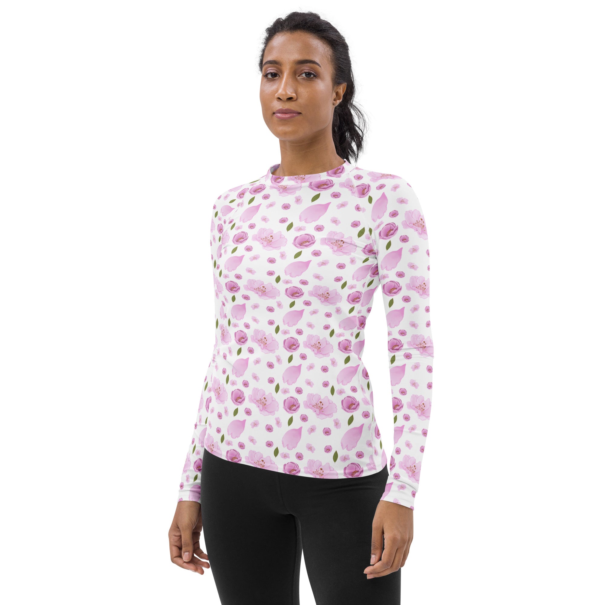 Women's Pink Cherry Blossom Long Sleeve Rash Guard Swim Shirt – Buttery Soft, Sun Safe UPF 50+ Protection, Quick Dry & 4-Way Stretch Comfort