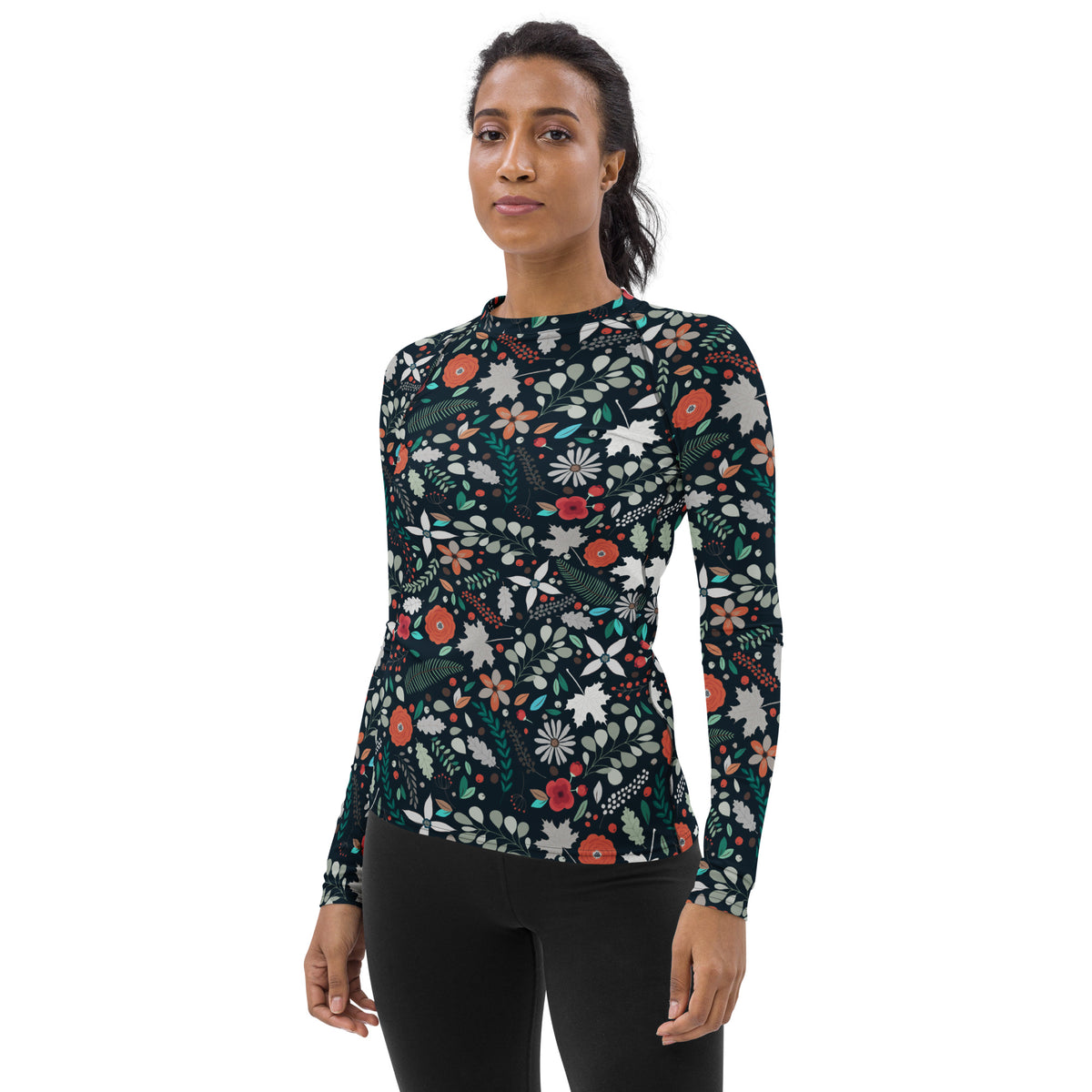 Women's Dark Green Botanical Long Sleeve Rash Guard Swim Shirt – Buttery Soft, Sun Safe UPF 50+ Protection, Quick Dry & 4-Way Stretch Comfort