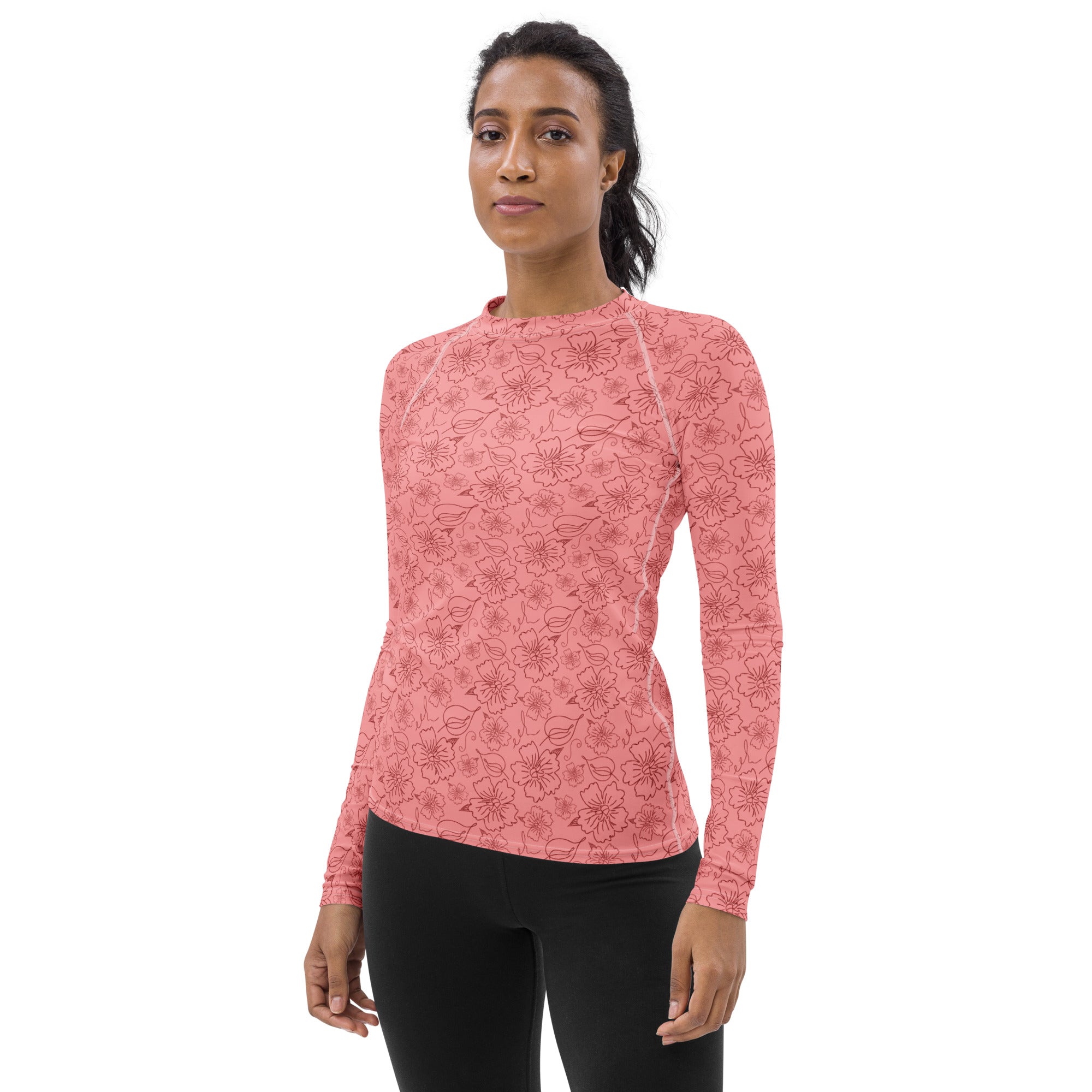 Women's Coral Pink Floral Long Sleeve Rash Guard Swim Shirt – Buttery Soft, Sun Safe UPF 50+ Protection, Quick Dry & 4-Way Stretch Comfort