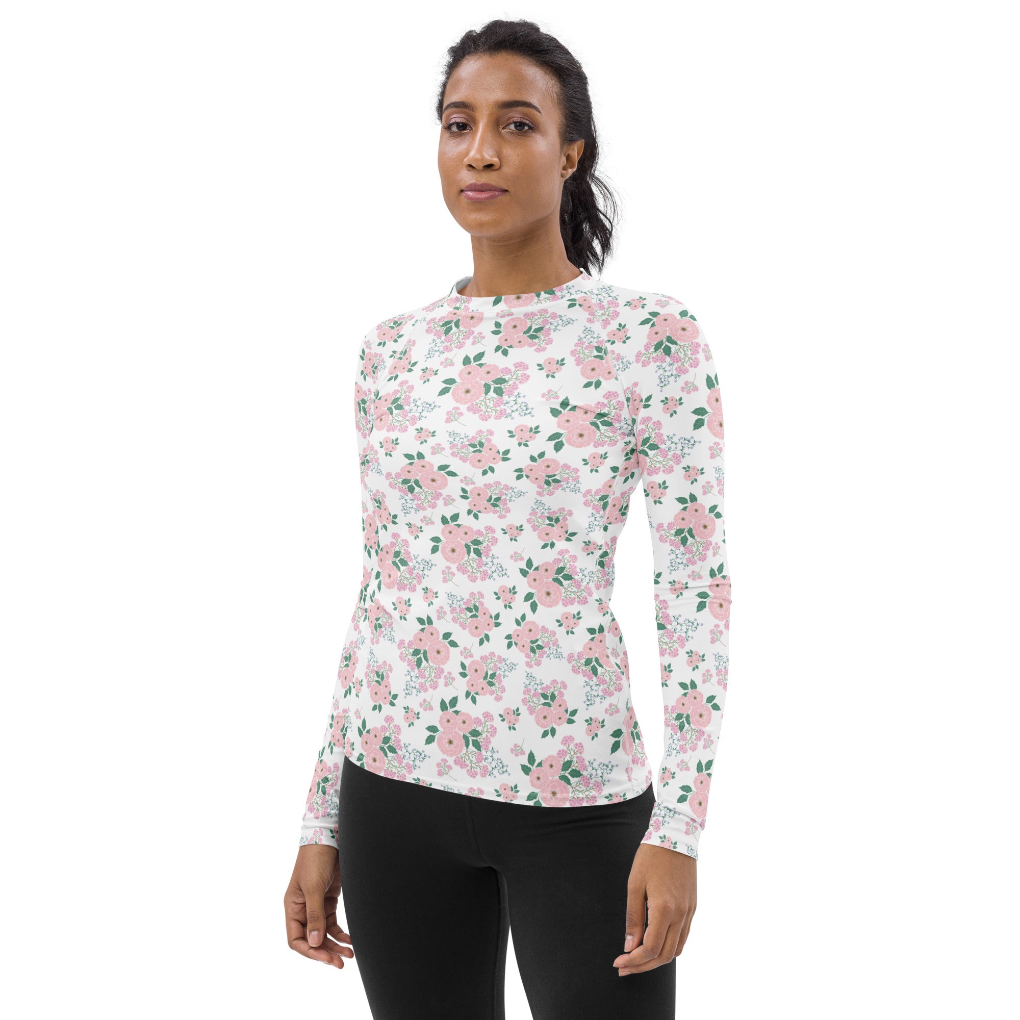 Women's Pink Rose Bouquet Long Sleeve Rash Guard Swim Shirt – Buttery Soft, Sun Safe UPF 50+ Protection, Quick Dry & 4-Way Stretch Comfort